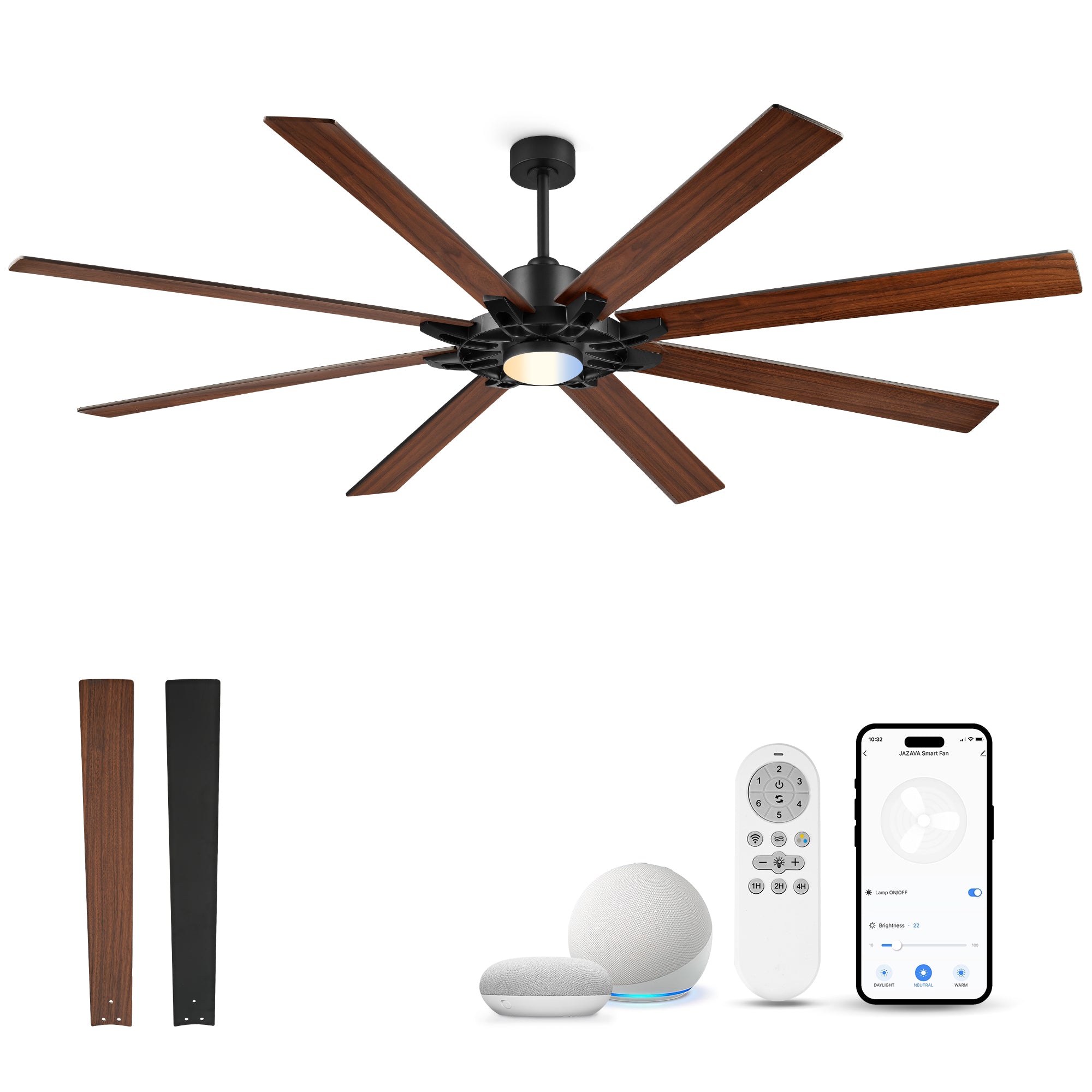 84" Smart Ceiling Fan with Light, Patented Hub Design, Plywood Blade, Alexa App Control, Black & Walnut