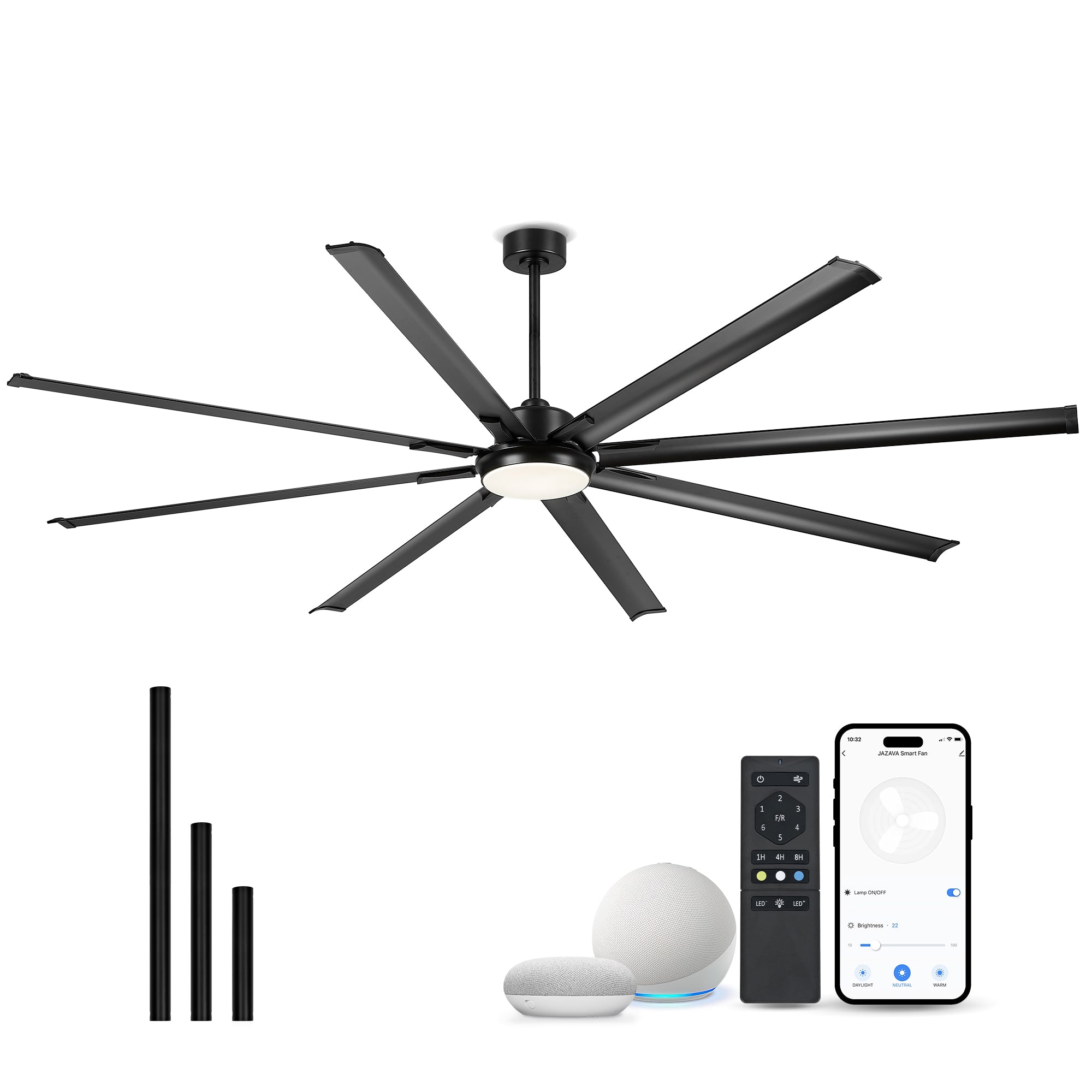 96" Smart Ceiling Fan with Light,Aluminium Blades,Works with Alexa,Matte Black
