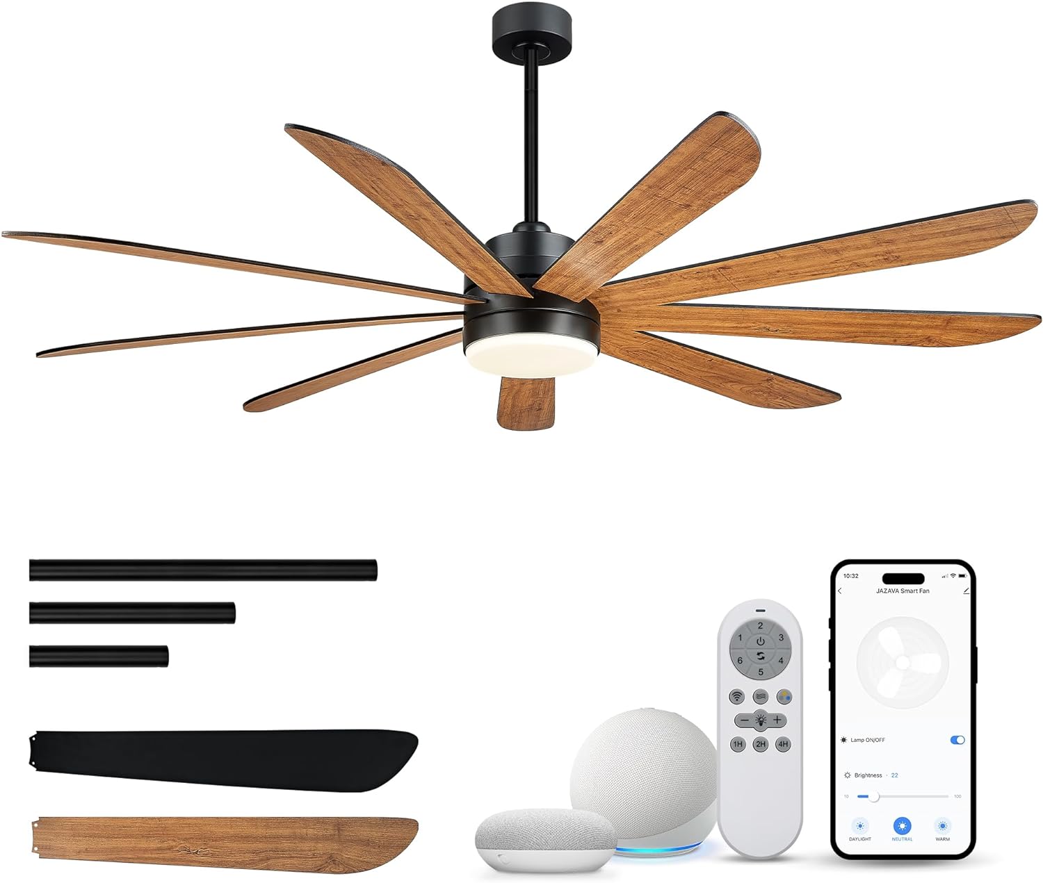 72 inch Large Ceiling Fans with Lights, Modern Ceiling Fan for Kitchen Living Room, 9 Blades Dual Nickel & White Walnut Ceiling Fan with Remote