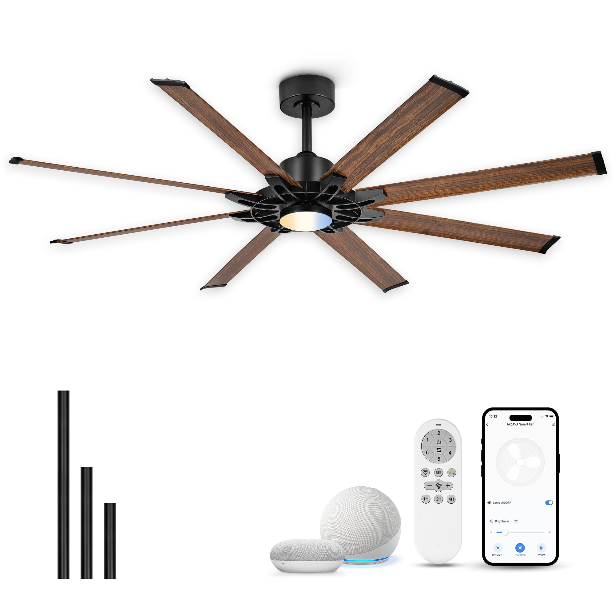 72" Smart Ceiling Fan with Light, Patented Hub Design, Aluminium Blade, Alexa App Control, Walnut