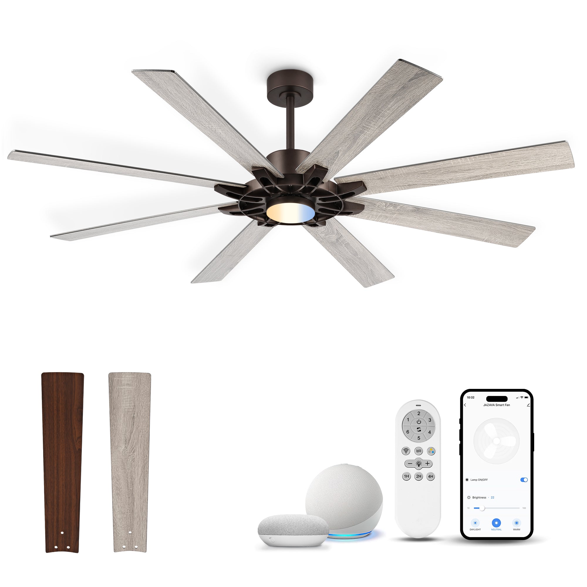 72" Smart Ceiling Fan with Light, Patented Hub Design, Plywood Blade, Alexa App Control, Bronze & Wood