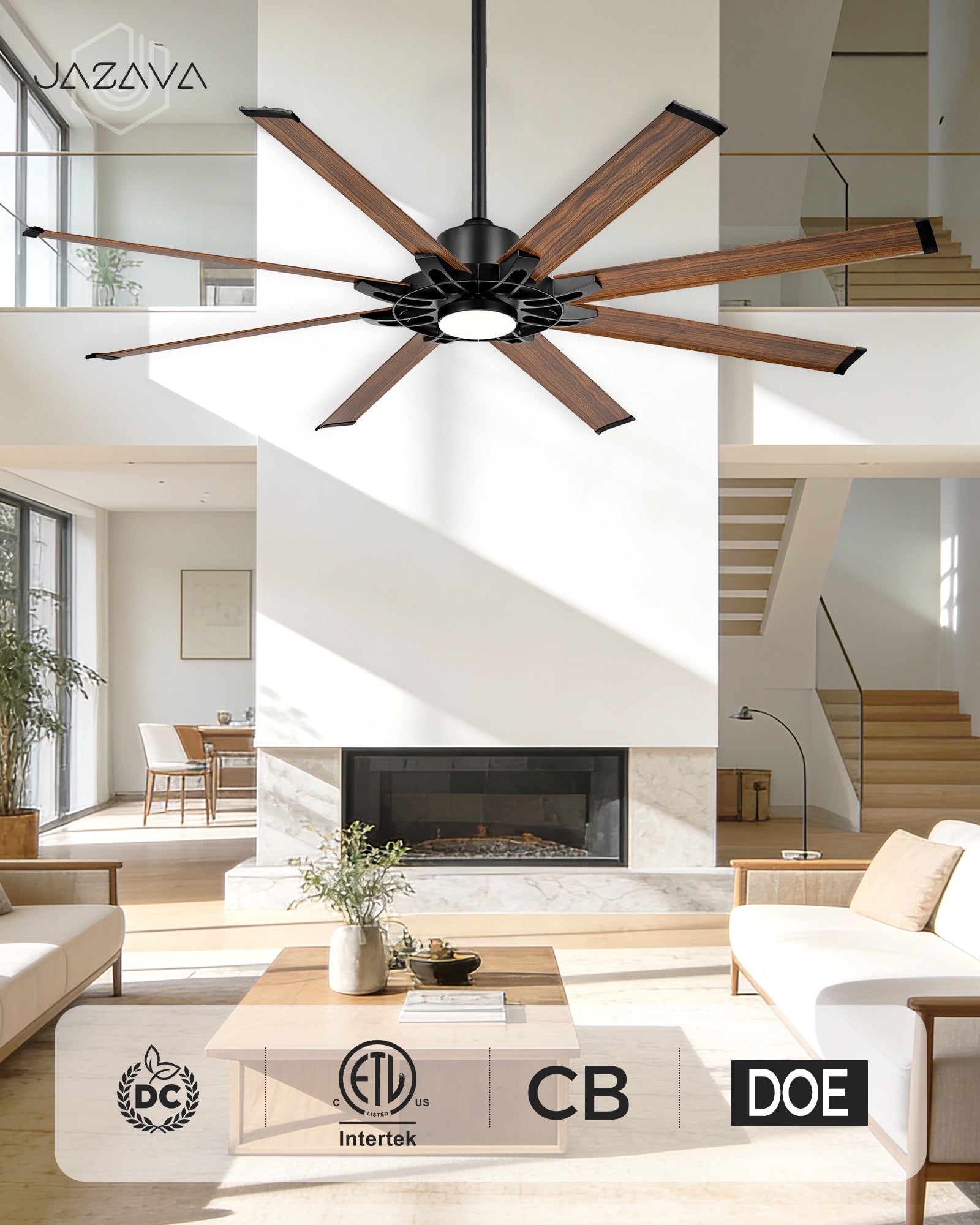 72" Smart Ceiling Fan with Light, Patented Hub Design, Aluminium Blade, Alexa App Control, Walnut