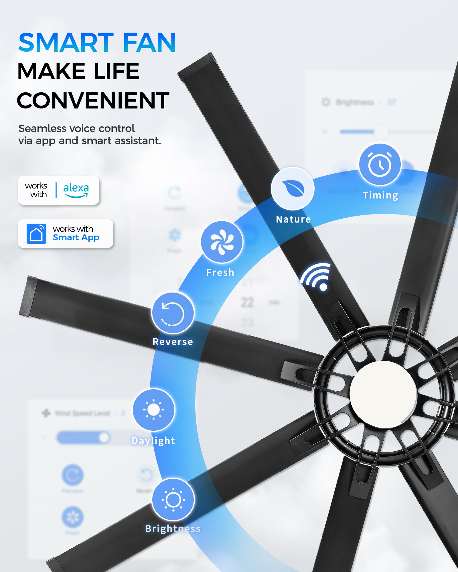 72" Smart Ceiling Fan with Light, Patented Hub Design, Aluminium Blade, Alexa App Control, Black