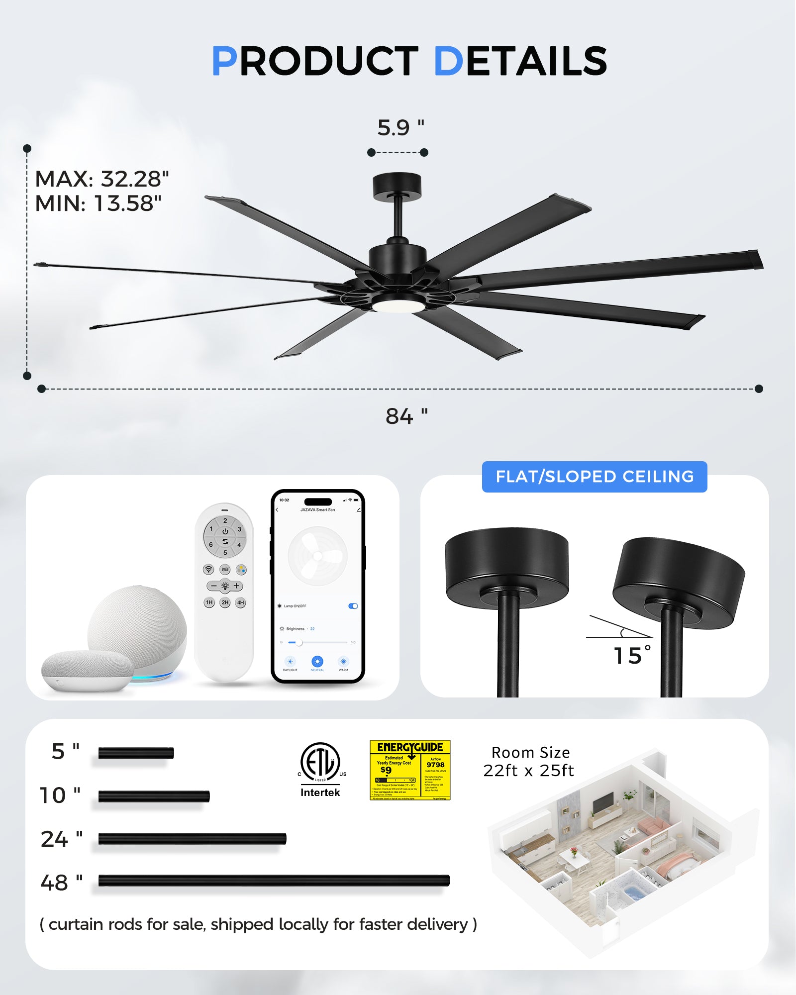 84" Smart Ceiling Fan with Light, Patented Hub Design, Aluminium Blade, Alexa App Control, Black