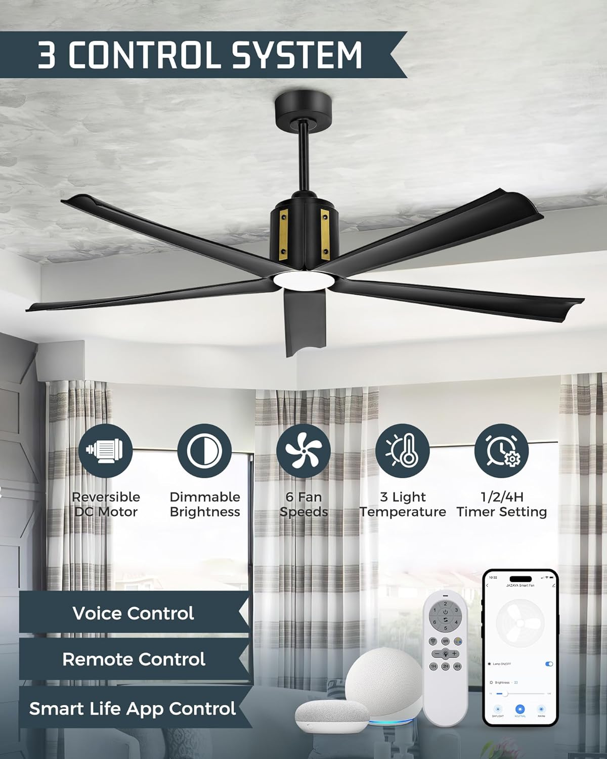 Smart 60 Inch Ceiling Fan, Black Ceiling Fans with Lights and Remote, Quiet DC Motor, Voice Control with 2.4G WiFi, Modern Indoor Ceiling Fans with Light for Bedroom Patio