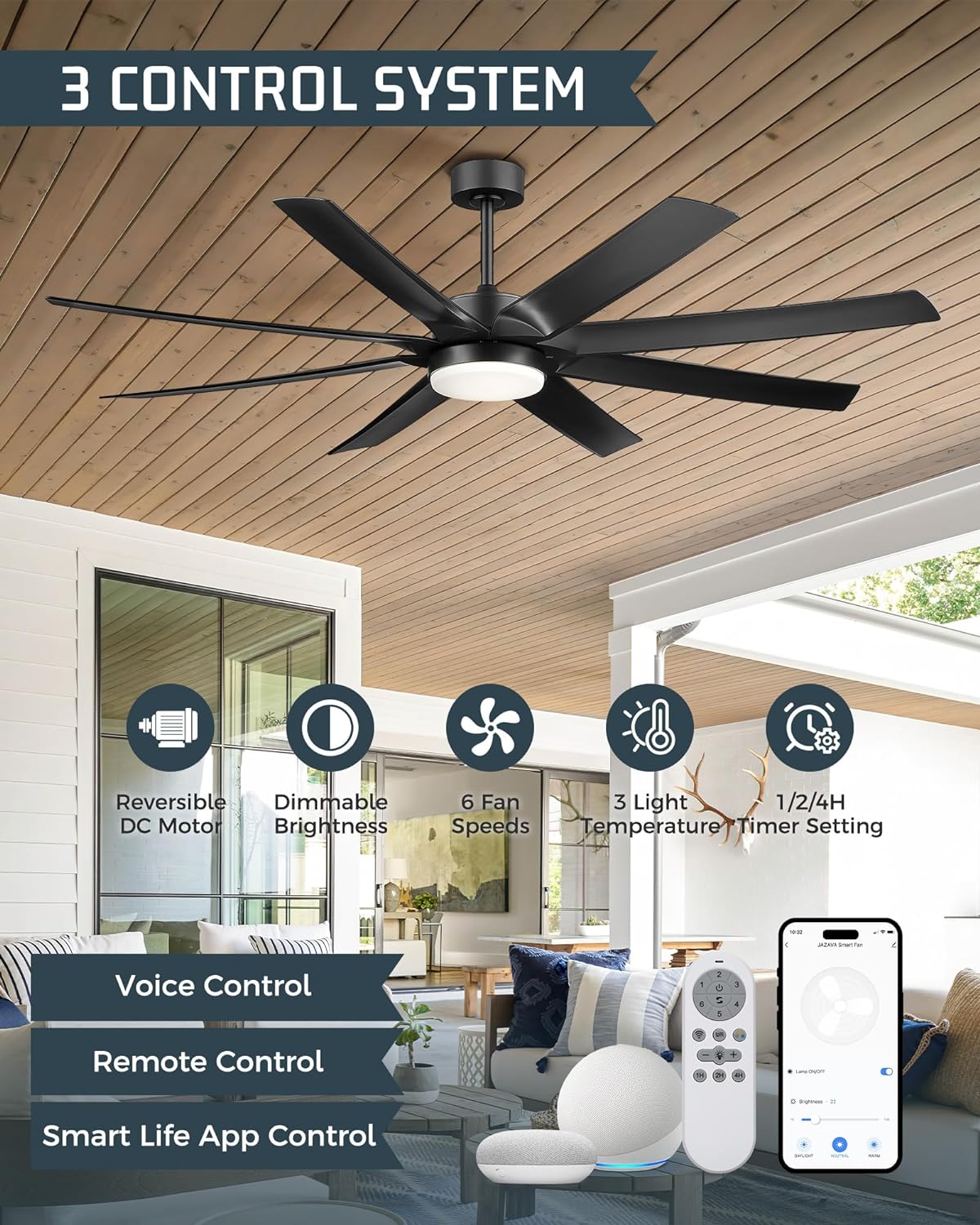 70 Inch Ceiling Fans with Lights, Smart Ceiling Fan with ALEXA and Google, Reversible DC Motor, 3CCT Dimmable Black Ceiling Fan for Patio