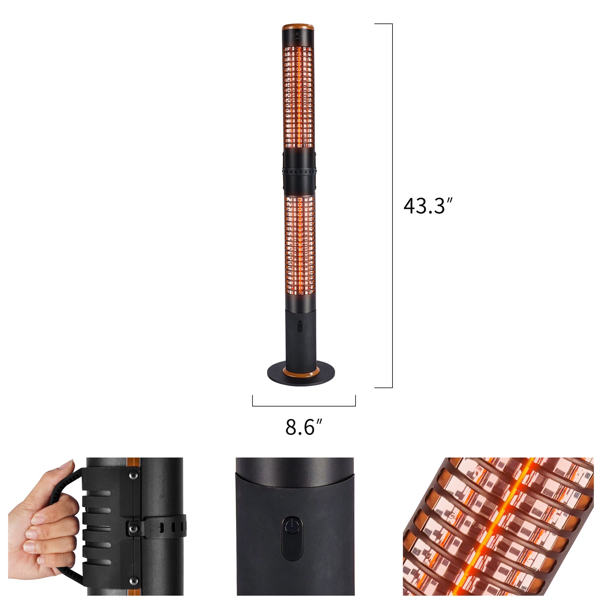 Portable Freestanding Electric Patio Heater - USAG00048 - 750/1500W Outdoor Infrared Heater with Remote in Cylinder Shape, Sectional & Silent Heating, IP54 Waterproof