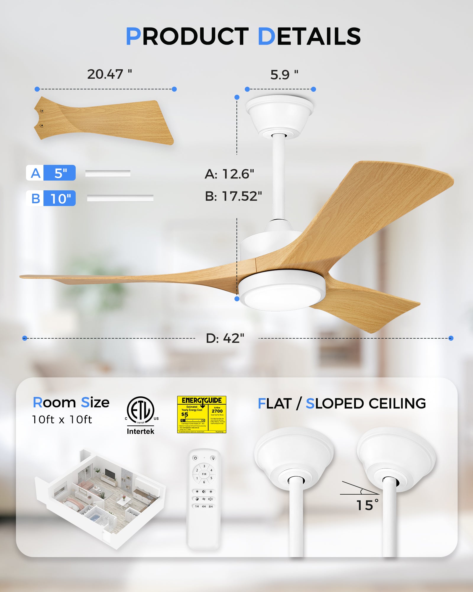 42" Coastal Ceiling Fan with Light, Corrosion-Resistant, Quiet DC Motor, 3CCT LED,  Remote Control, White