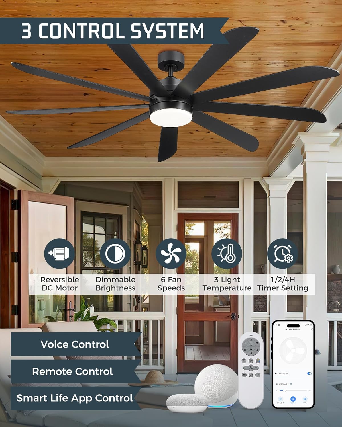 72 inch Large Ceiling Fans with Lights, Modern Ceiling Fan for Kitchen Living Room, 9 Blades Dual Nickel & White Walnut Ceiling Fan with Remote