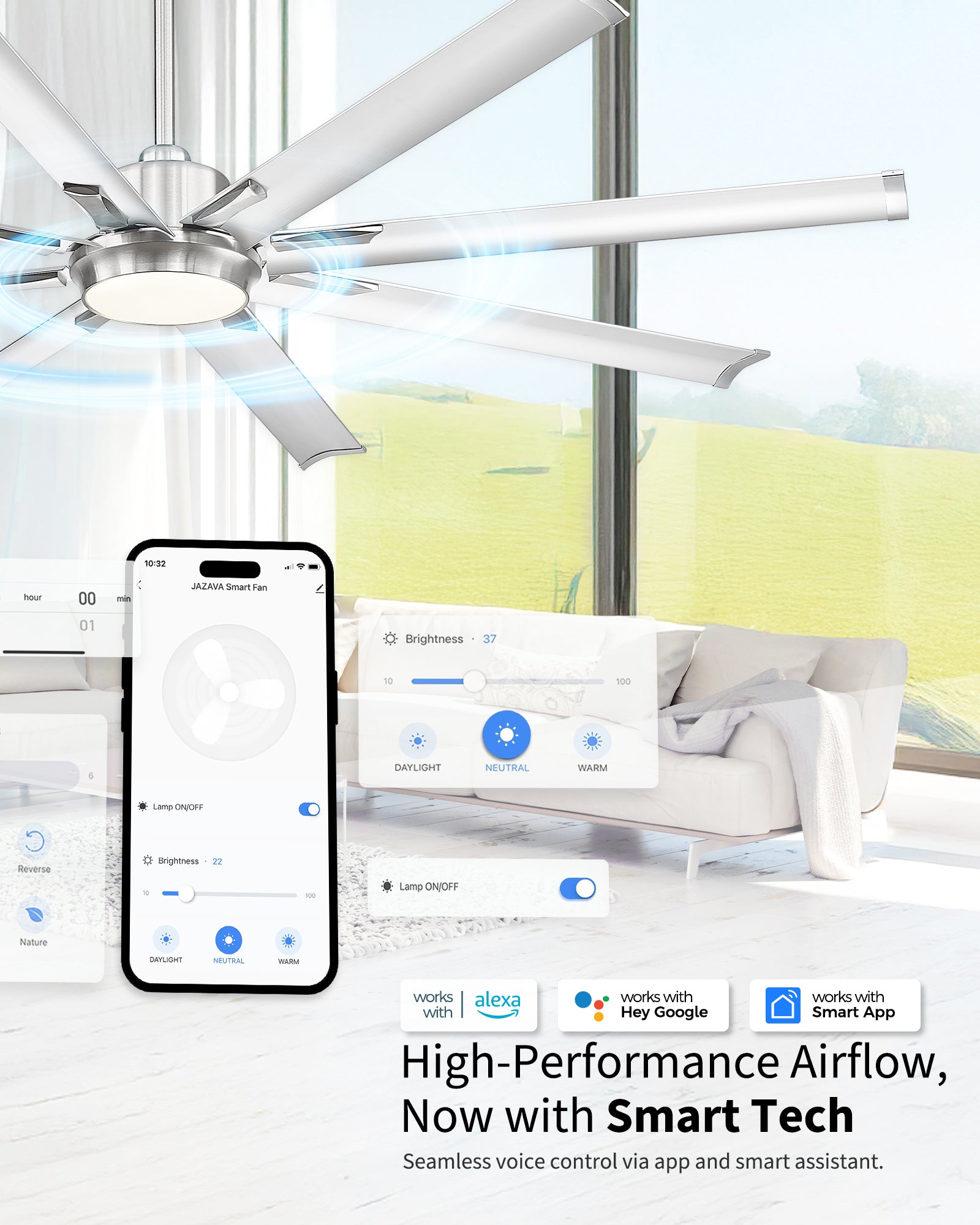 72" Smart Ceiling Fan with Light,Aluminium Blades,Works with Alexa,Brushed Nickel
