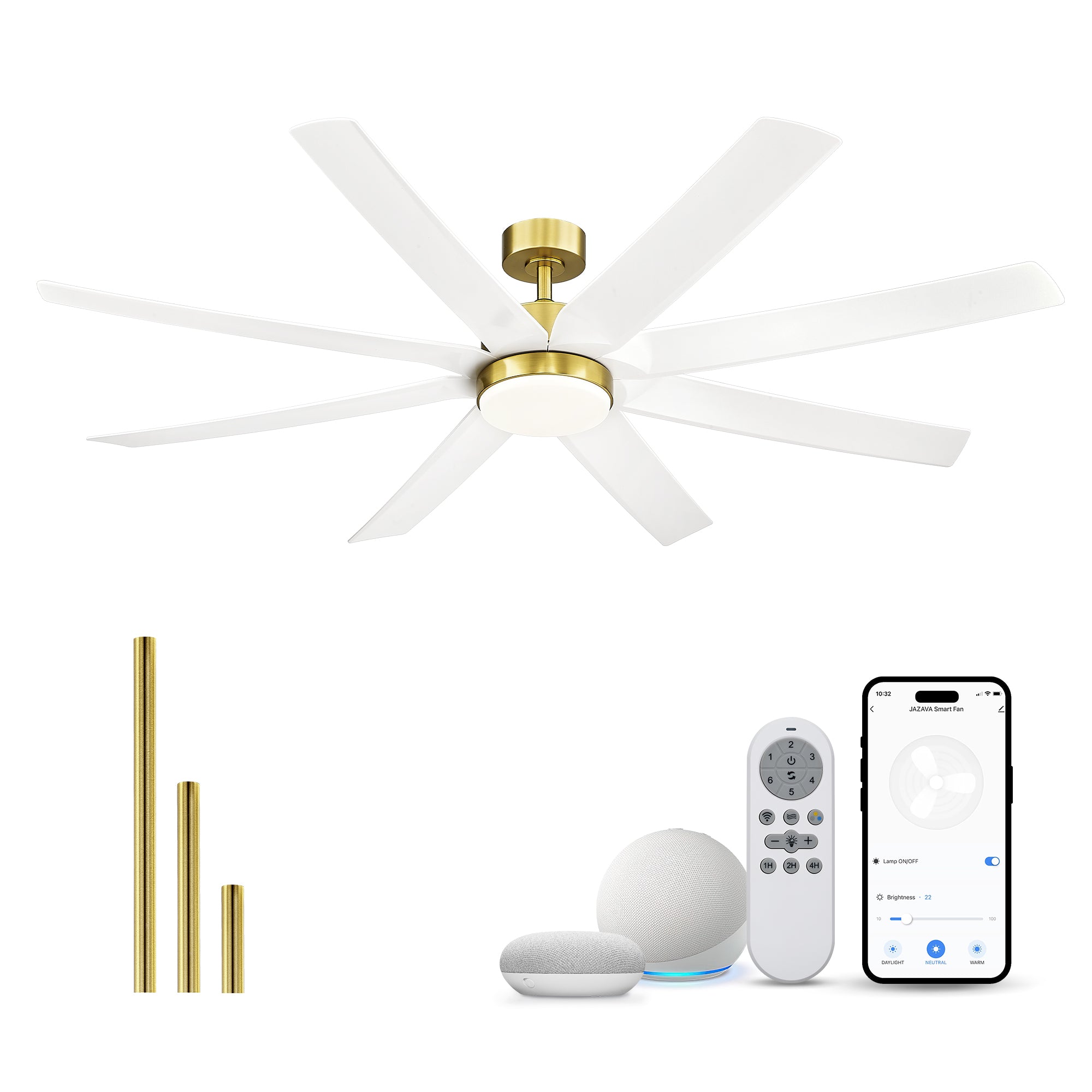 70" Smart Ceiling Fan with Light, Works with Alexa, Remote Control, White & Gold