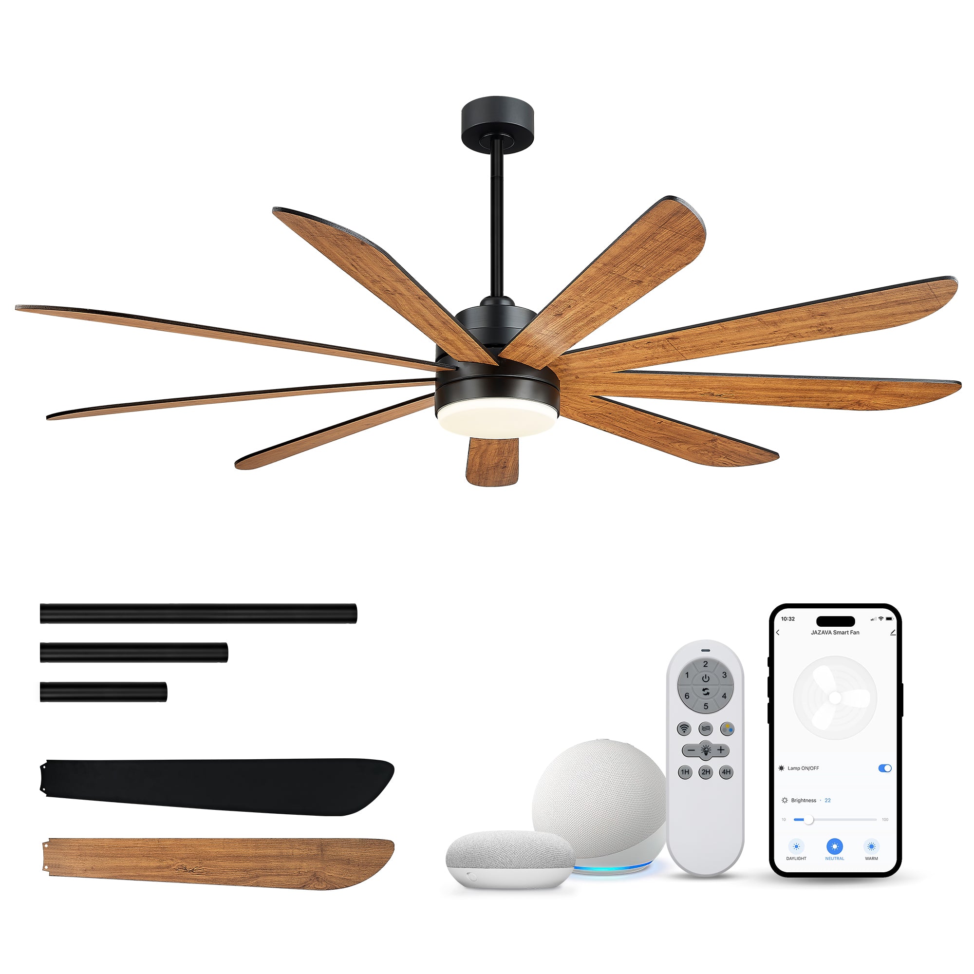 72" Smart Ceiling Fan with Light, Works with Alexa, Remote Control, Black