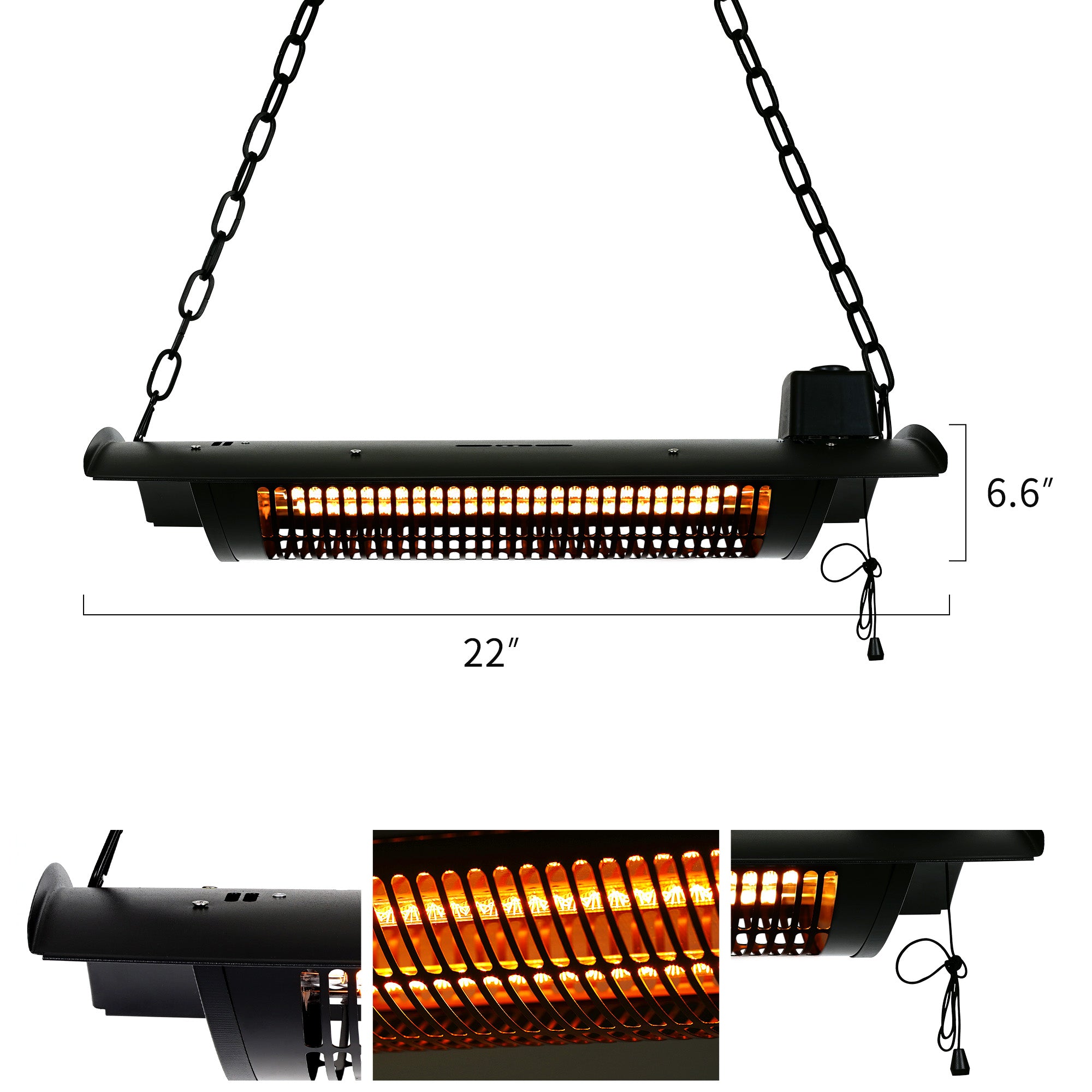 Outdoor Electric Patio Heater - USAG00051 - 750W/1500W Ceiling Infrared Heater with Rectangular Shape, Black Finish, Silent Heating, IP44 Waterproof Outdoor Heaters