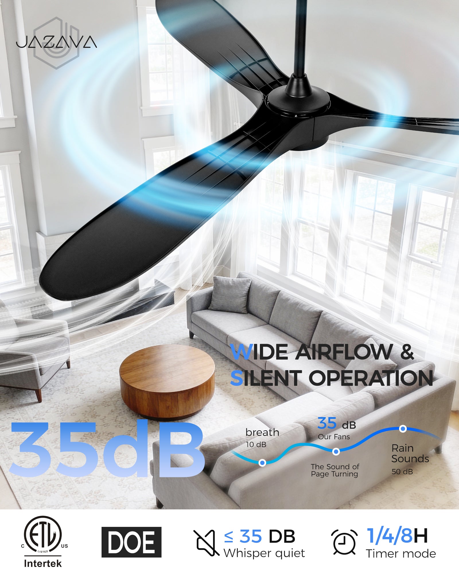 70" Coastal Ceiling Fan with Light, Corrosion-Resistant, Quiet DC Motor, 3CCT LED, Remote Control, Black