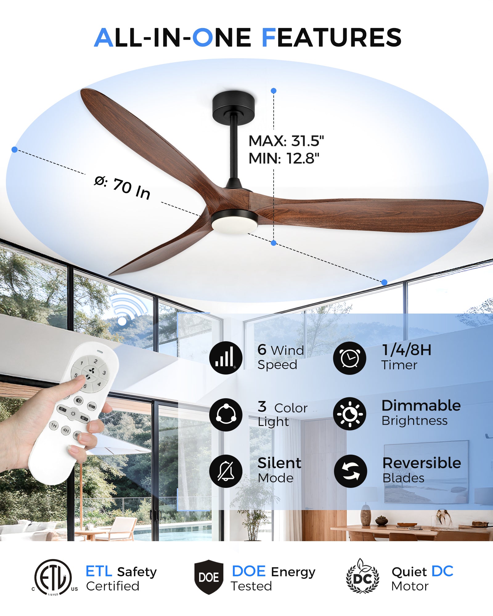 70" Coastal Ceiling Fan with Light, Corrosion-Resistant, Quiet DC Motor, 3CCT LED, Remote Control, Walnut