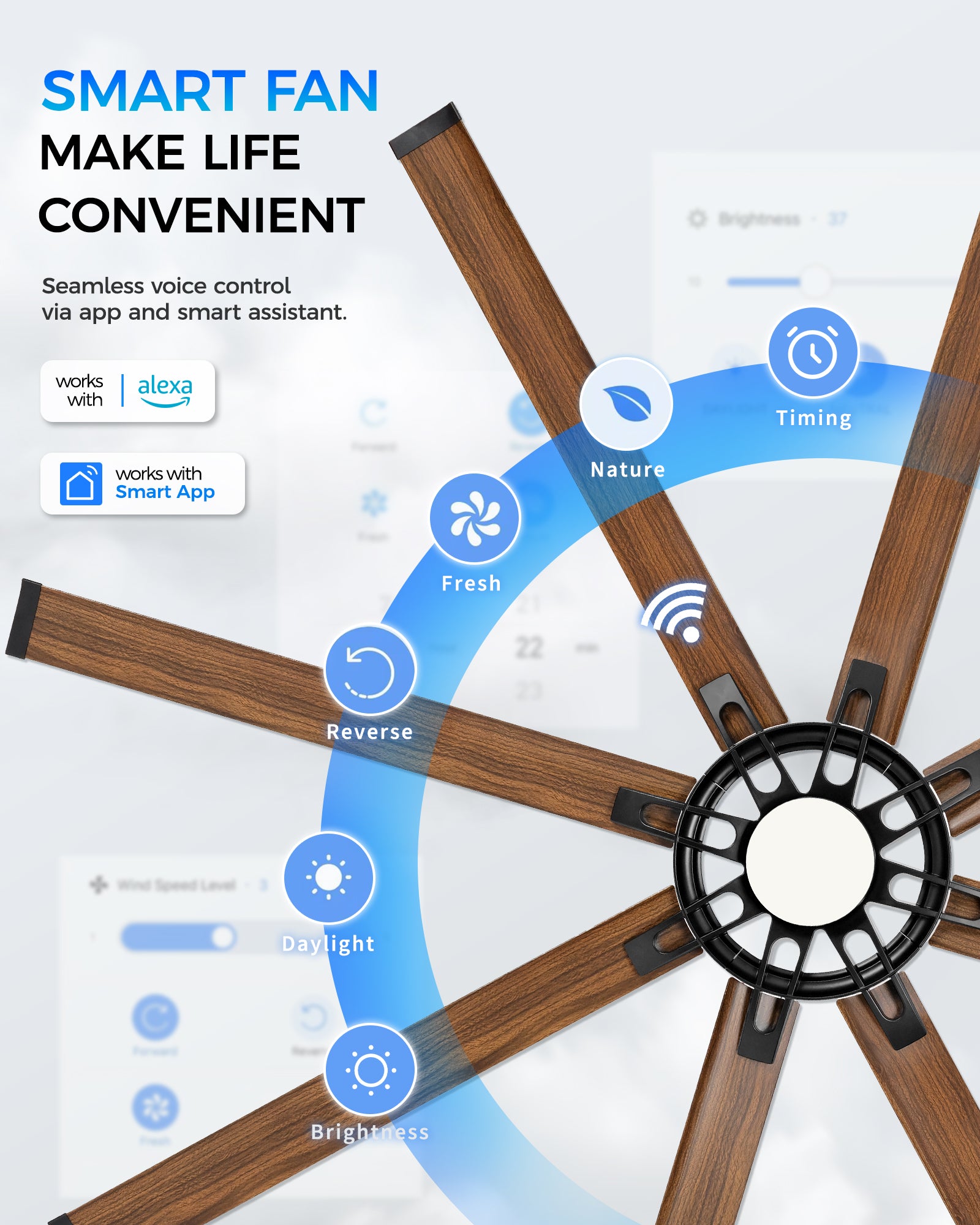 84" Smart Ceiling Fan with Light, Patented Hub Design, Aluminium Blade, Alexa App Control, Walnut