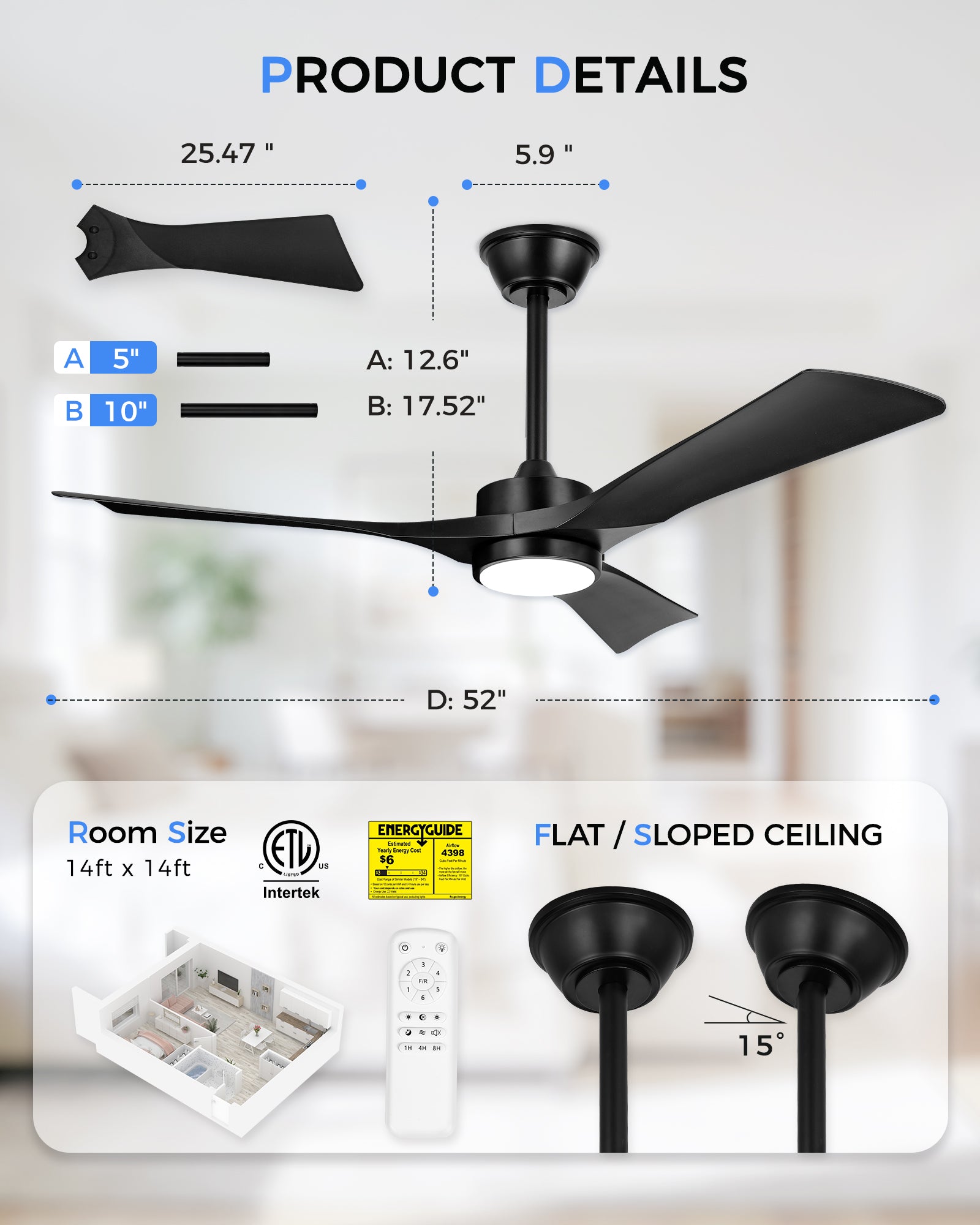 52" Coastal Ceiling Fan with Light, Corrosion-Resistant, Quiet DC Motor, 3CCT LED, Remote Control, Black