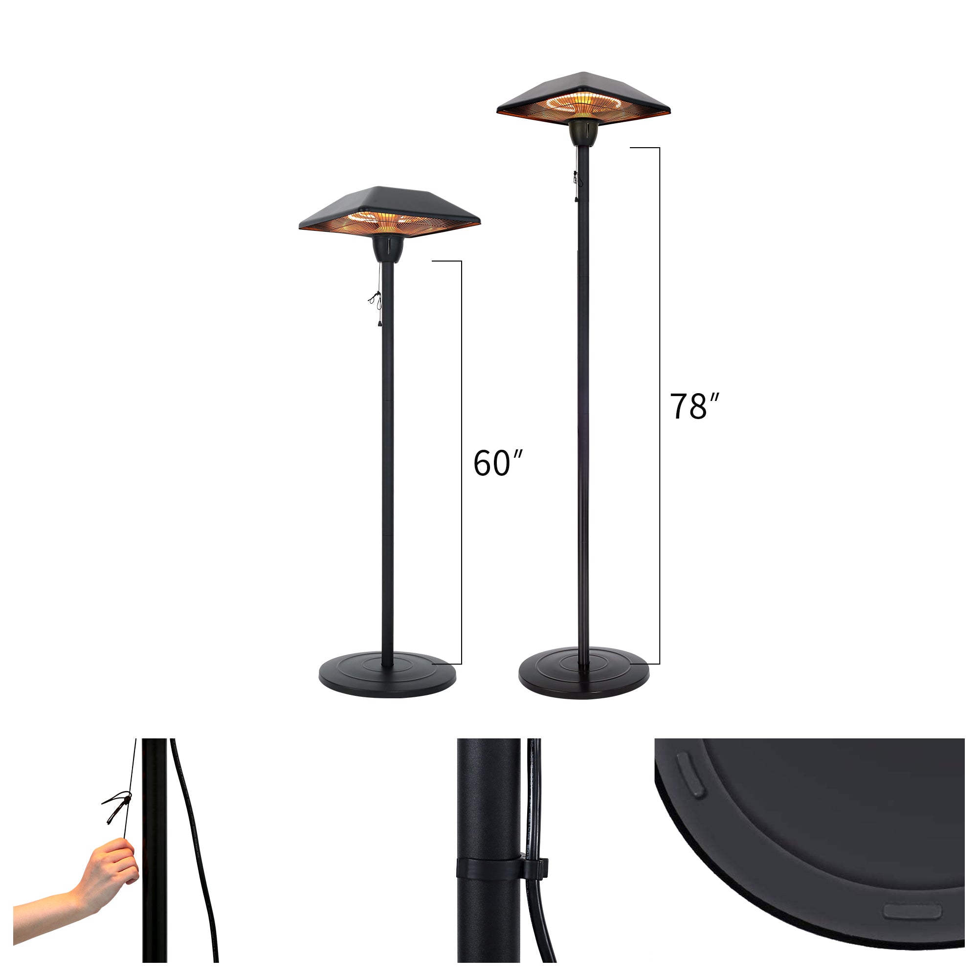 Electric Outdoor Patio Heater - USAG00173 - 1500W Infrared Heater with SQUARE SHAPE Matte Black Finished, Tip-Over Protection, Adjustable Height and Silent Heating