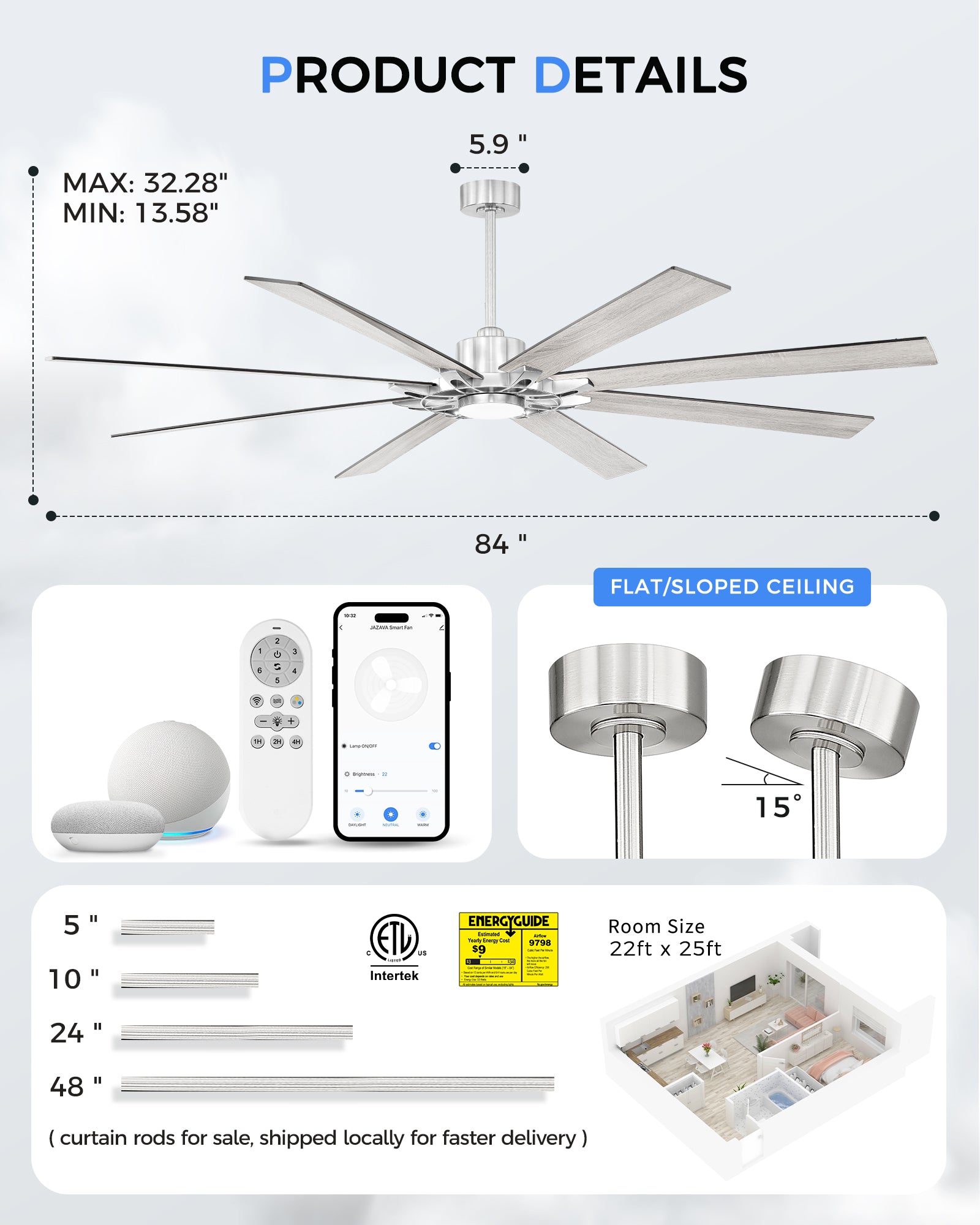 84" Smart Ceiling Fan with Light, Patented Hub Design, Plywood Blade, Alexa App Control, Brushed Nickel & Wood