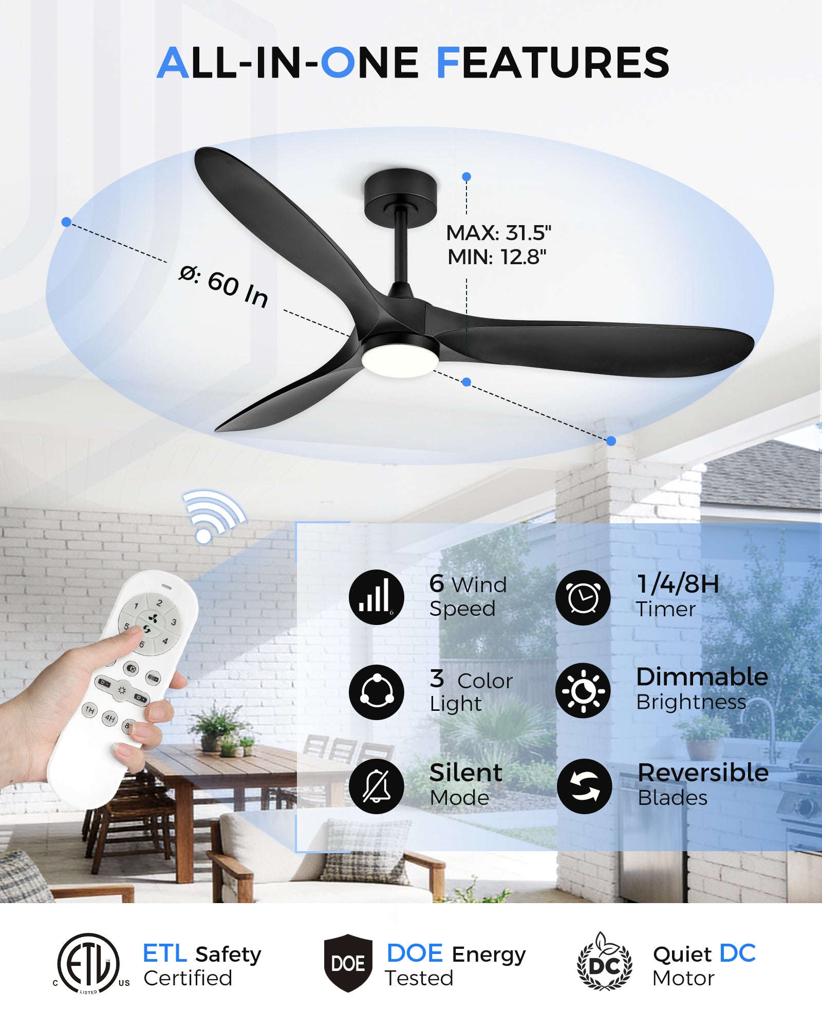 60" Coastal Ceiling Fan with Light, Corrosion-Resistant, Quiet DC Motor, 3CCT LED, Remote Control, Black