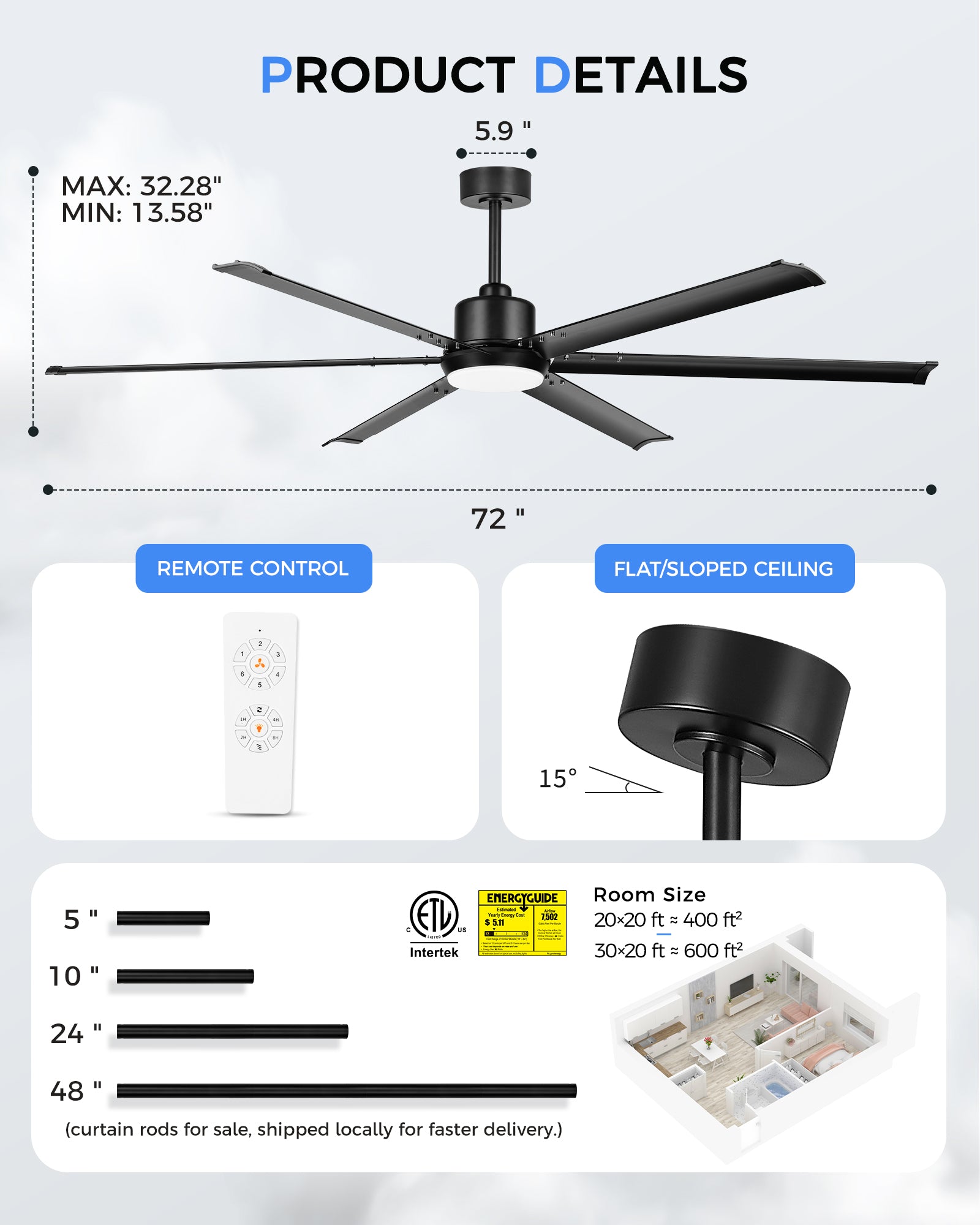 72" Industrial Ceiling Fan with Light, Aluminium Blades, Matte Black