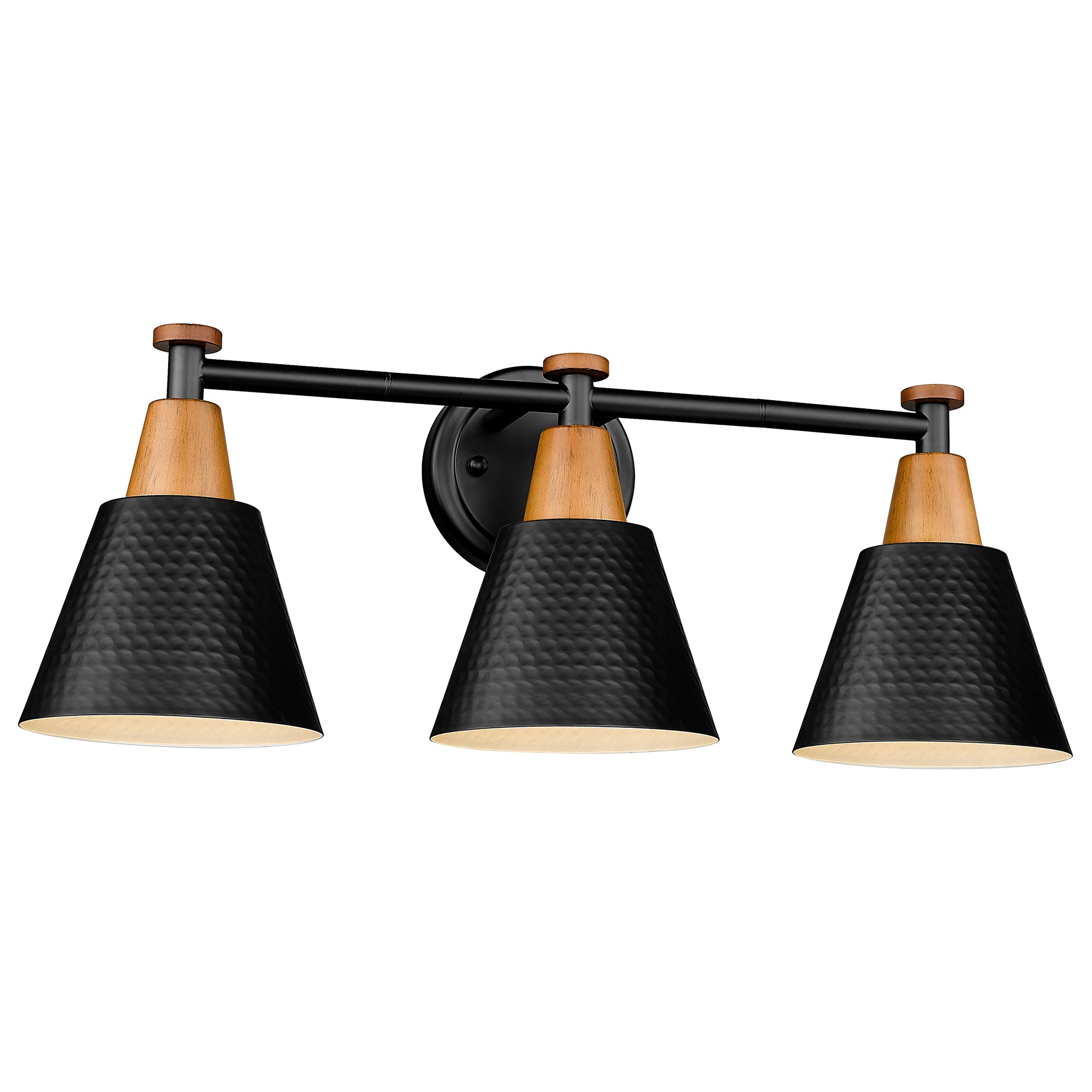 Matte Black & Wood Grain Finish with Hammered Metal Shade - 21.6 inch 3-Light Wall Sconces Vanity Light - USAG00223