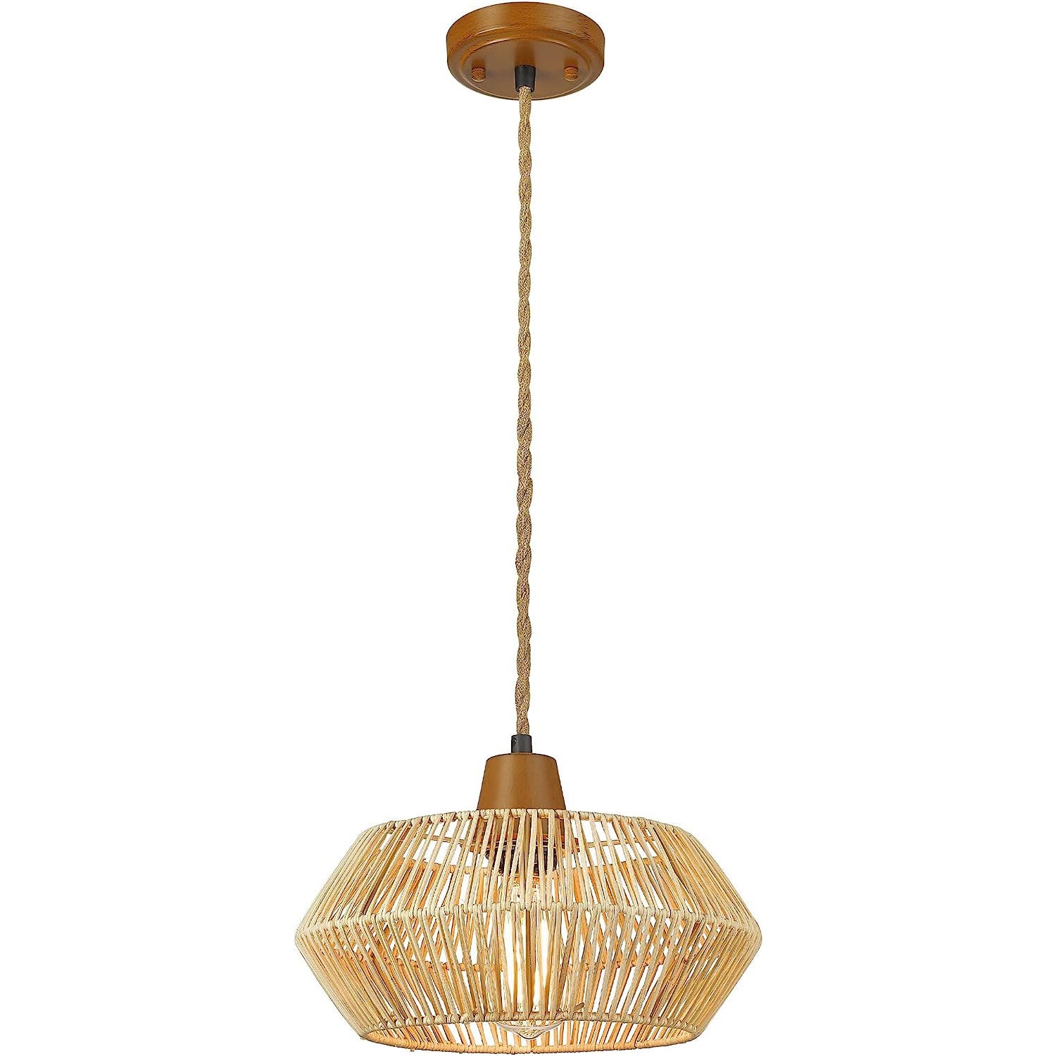 Rattan Boho Woven Chandelier - 13 inch Pendant Light Fixtures with Hemp Rope - USAG00089