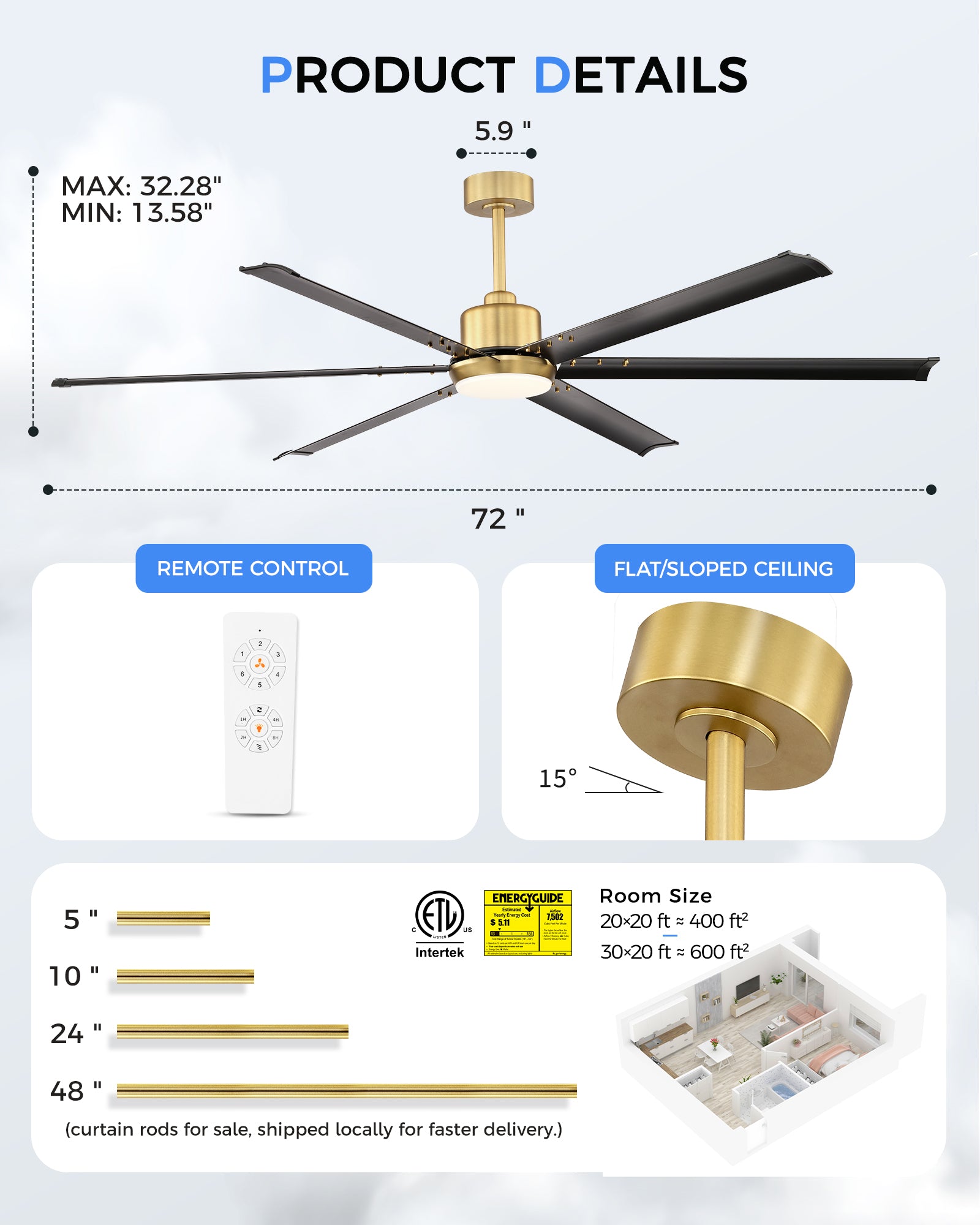 72" Industrial Ceiling Fan with Light, Aluminium Blades, Black & Gold