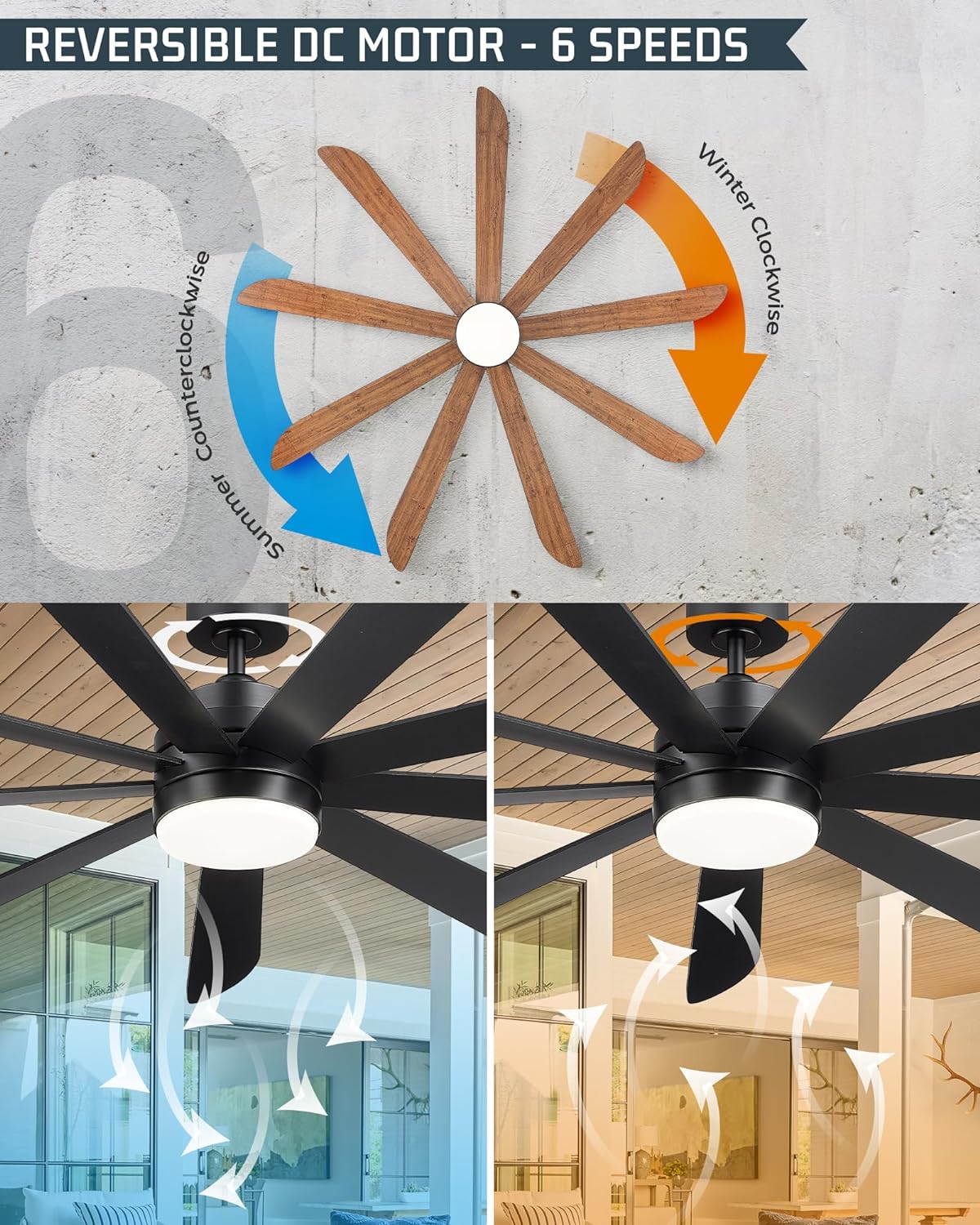 72 inch Large Ceiling Fans with Lights, Modern Ceiling Fan for Kitchen Living Room, 9 Blades Dual Nickel & White Walnut Ceiling Fan with Remote