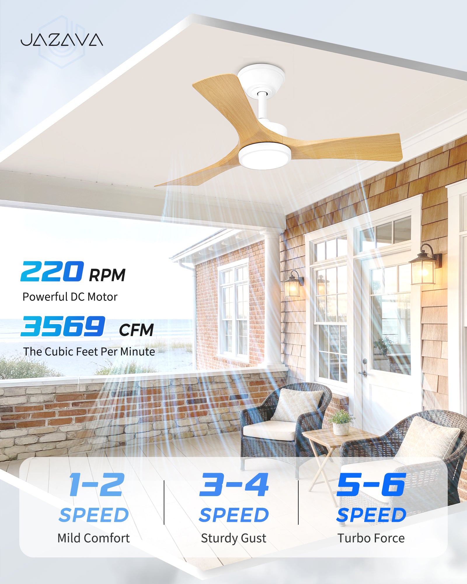 42" Coastal Ceiling Fan with Light, Corrosion-Resistant, Quiet DC Motor, 3CCT LED,  Remote Control, White