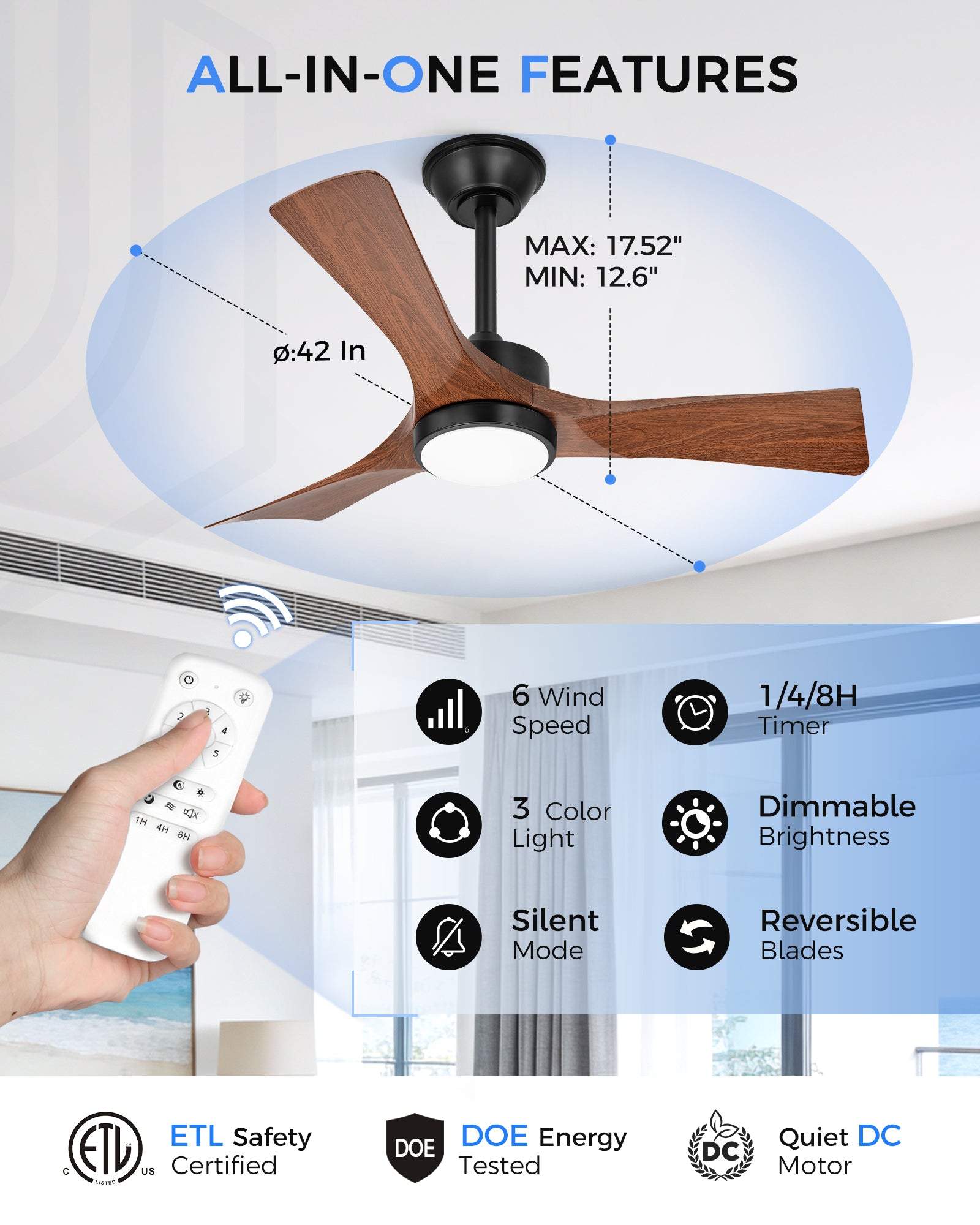 42" Coastal Ceiling Fan with Light, Corrosion-Resistant, Quiet DC Motor, 3CCT LED, Remote Control, Walnut