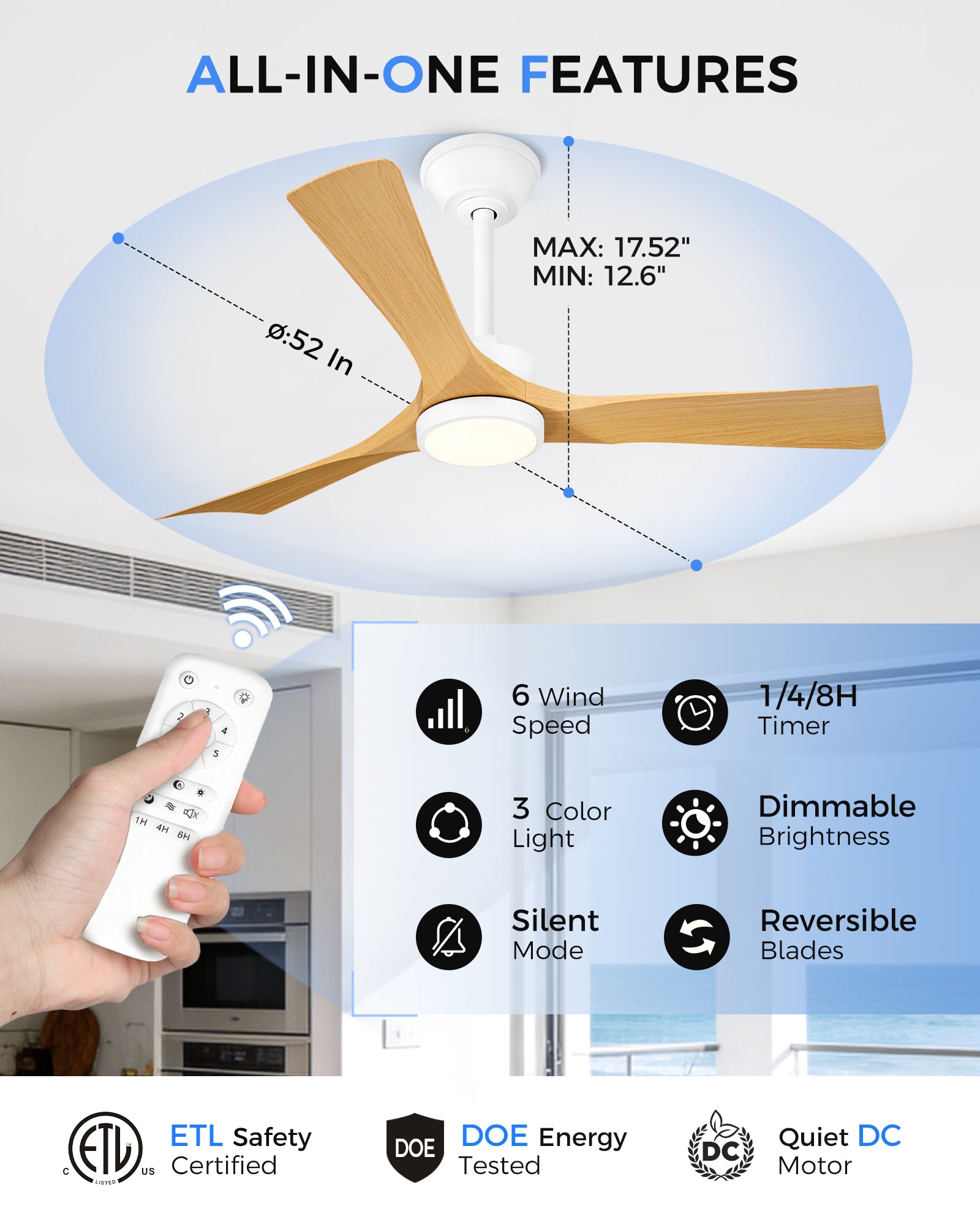 52" Coastal Ceiling Fan with Light, Corrosion-Resistant, Quiet DC Motor, 3CCT LED,  Remote Control, White