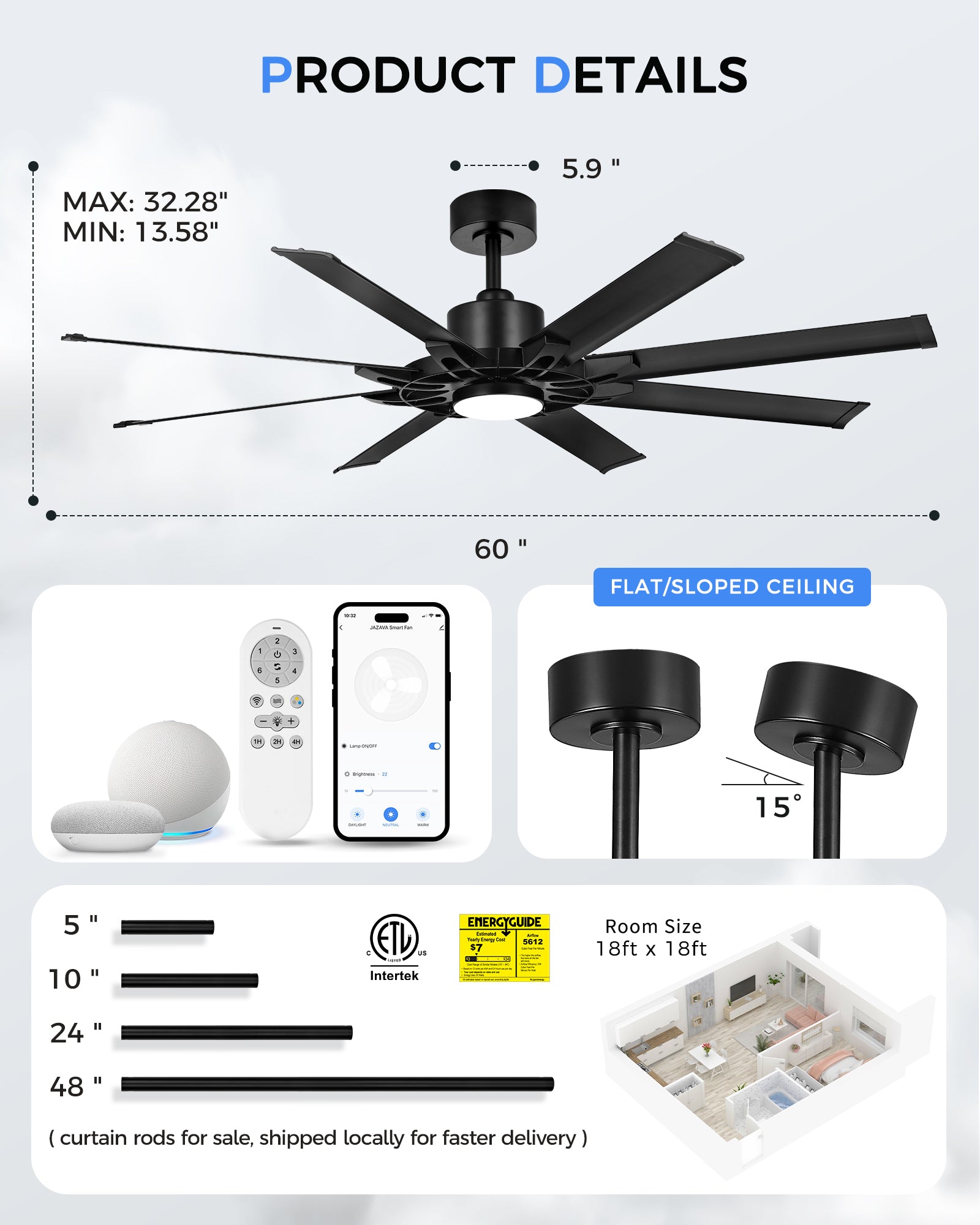 60" Smart Ceiling Fan with Light, Patented Hub Design, Aluminium Blade, Alexa App Control, Black