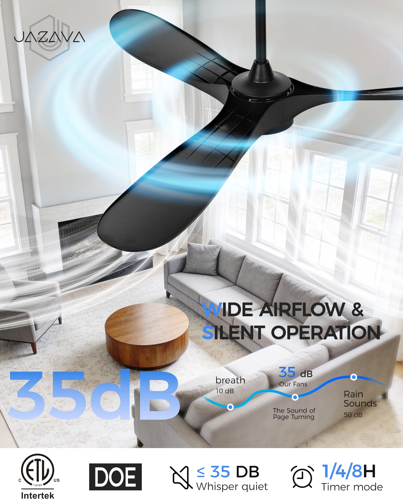 60" Coastal Ceiling Fan with Light, Corrosion-Resistant, Quiet DC Motor, 3CCT LED, Remote Control, Black