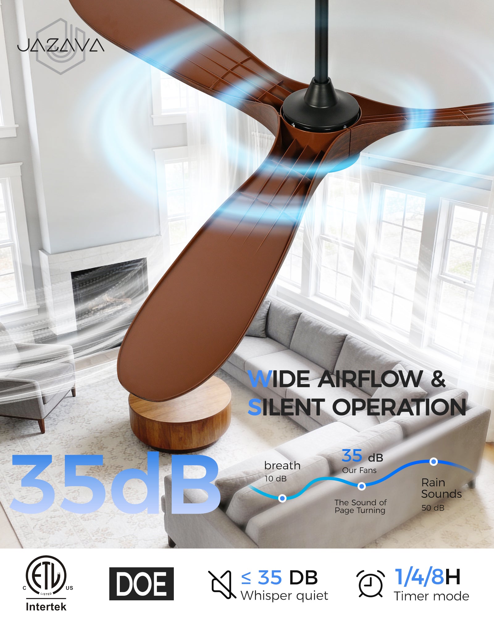 70" Coastal Ceiling Fan with Light, Corrosion-Resistant, Quiet DC Motor, 3CCT LED, Remote Control, Walnut