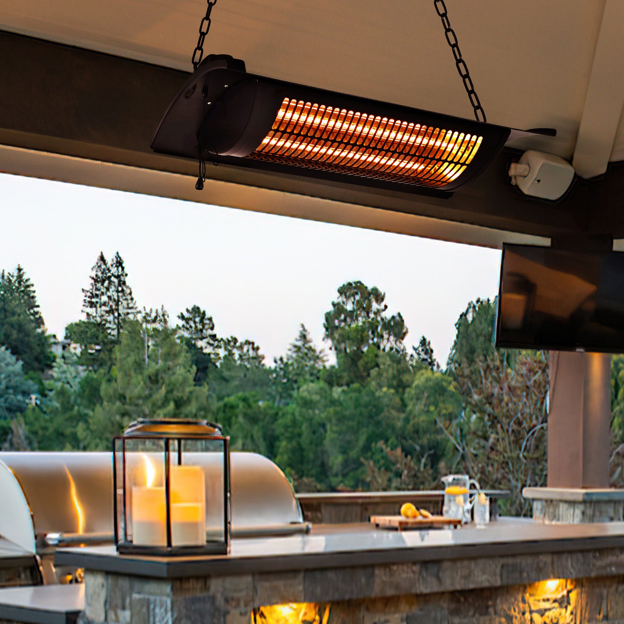 Outdoor Electric Patio Heater - USAG00051 - 750W/1500W Ceiling Infrared Heater with Rectangular Shape, Black Finish, Silent Heating, IP44 Waterproof Outdoor Heaters