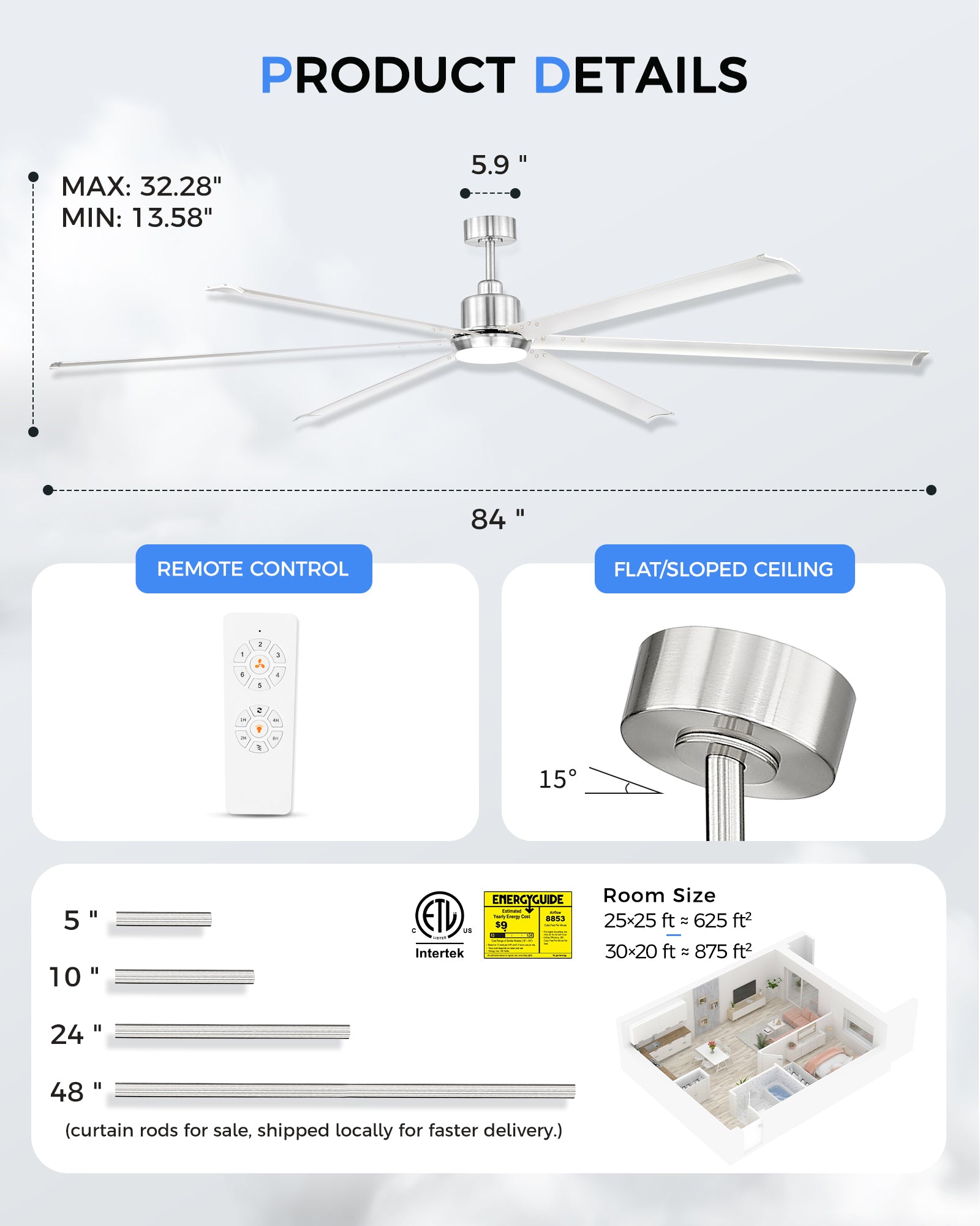 84" Industrial Ceiling Fan with Light, Aluminium Blades, Brushed Nickel