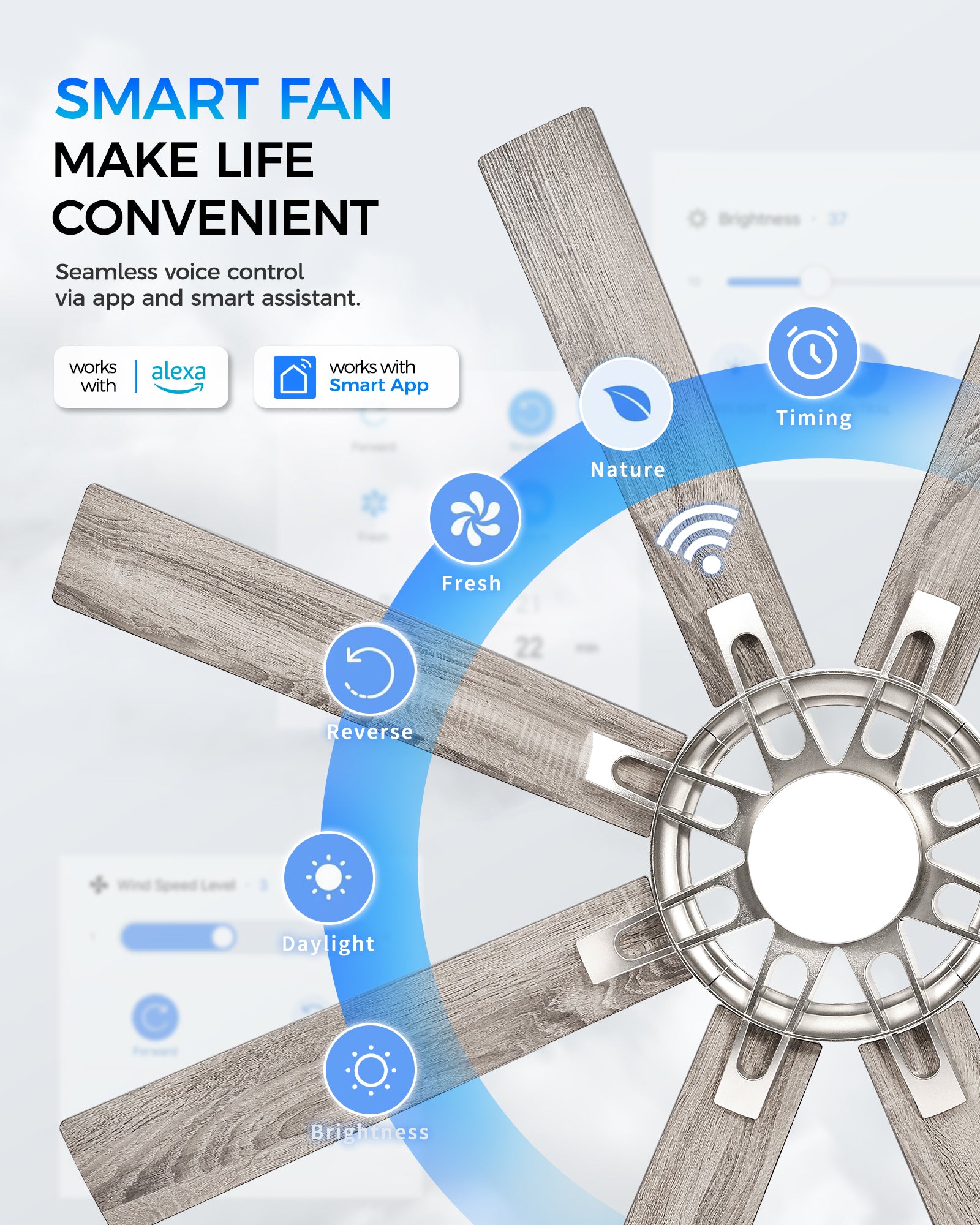 60" Smart Ceiling Fan with Light, Patented Hub Design, Plywood Blade, Alexa App Control, Brushed Nickel & Wood