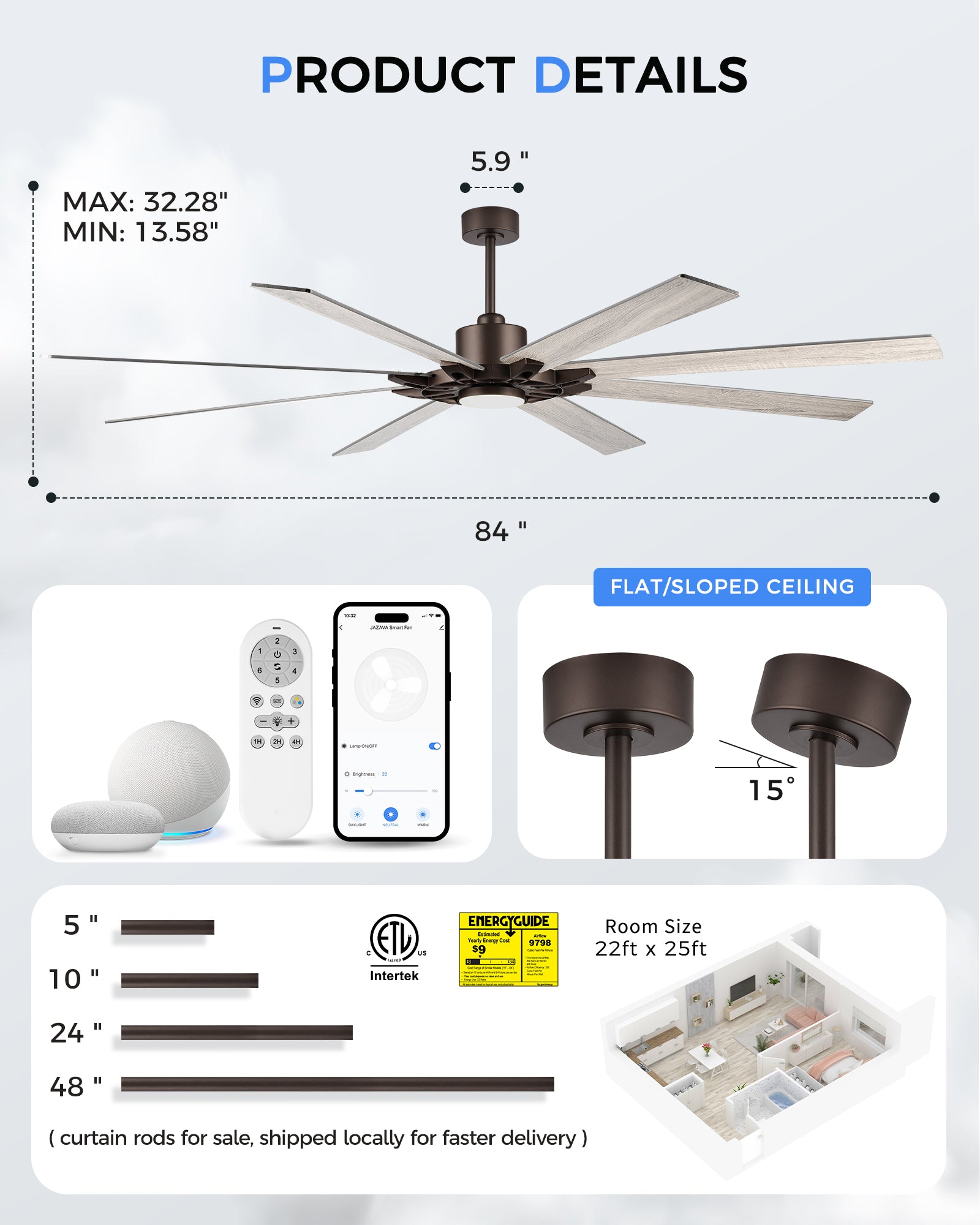 84" Smart Ceiling Fan with Light, Patented Hub Design, Plywood Blade, Alexa App Control, Bronze & Wood