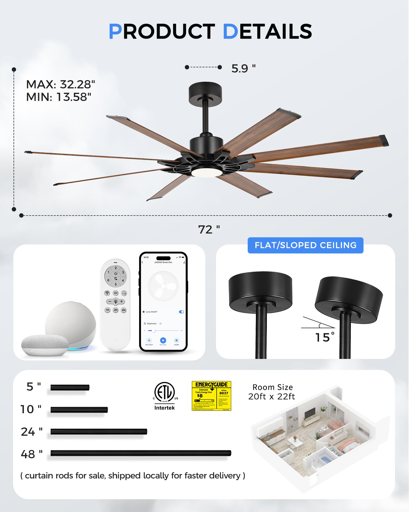 72" Smart Ceiling Fan with Light, Patented Hub Design, Aluminium Blade, Alexa App Control, Walnut