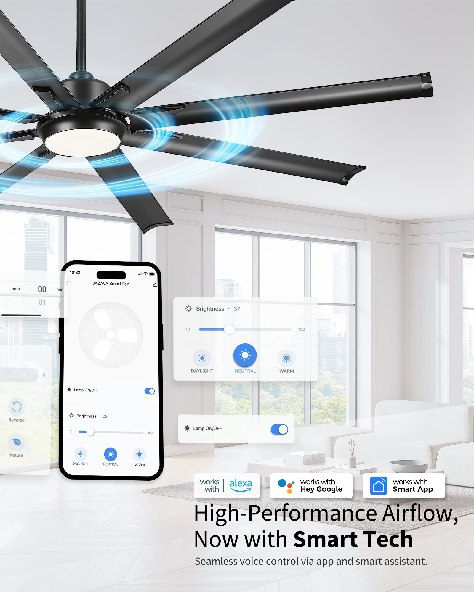 84" Smart Ceiling Fan with Light,Aluminium Blades,Works with Alexa,Matte Black