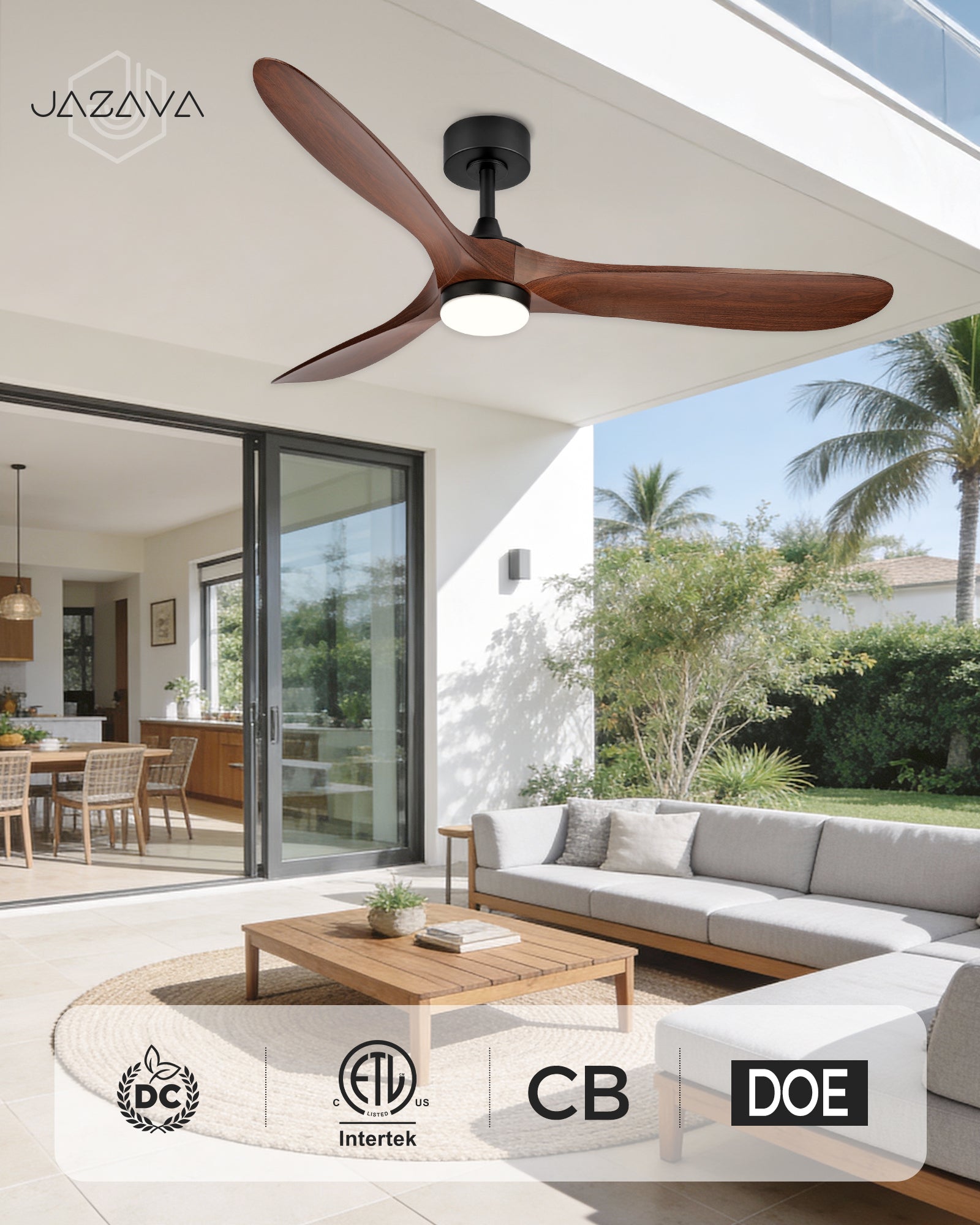 60" Coastal Ceiling Fan with Light, Corrosion-Resistant, Quiet DC Motor, 3CCT LED, Remote Control, Walnut