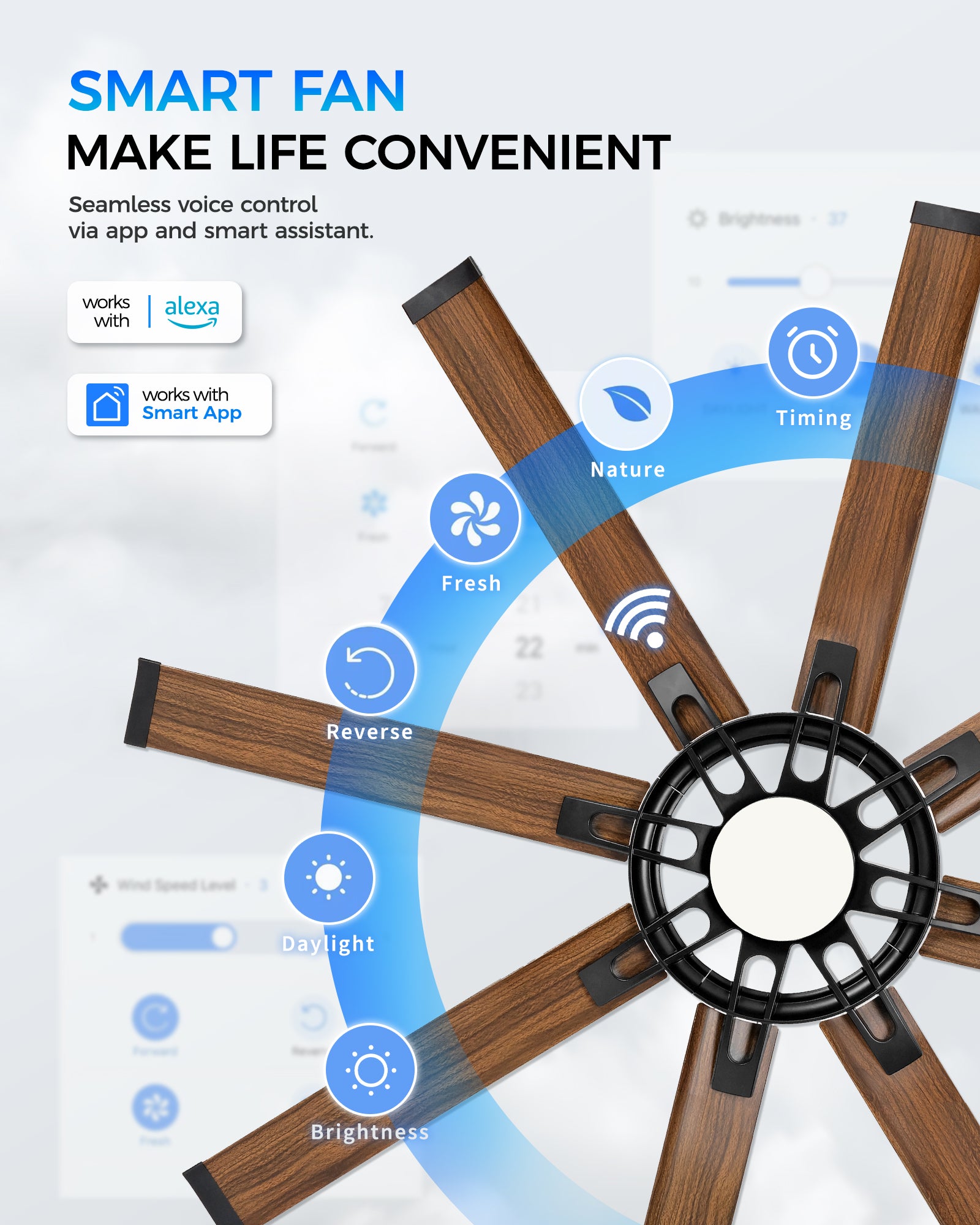 60" Smart Ceiling Fan with Light, Patented Hub Design, Aluminium Blade, Alexa App Control, Walnut