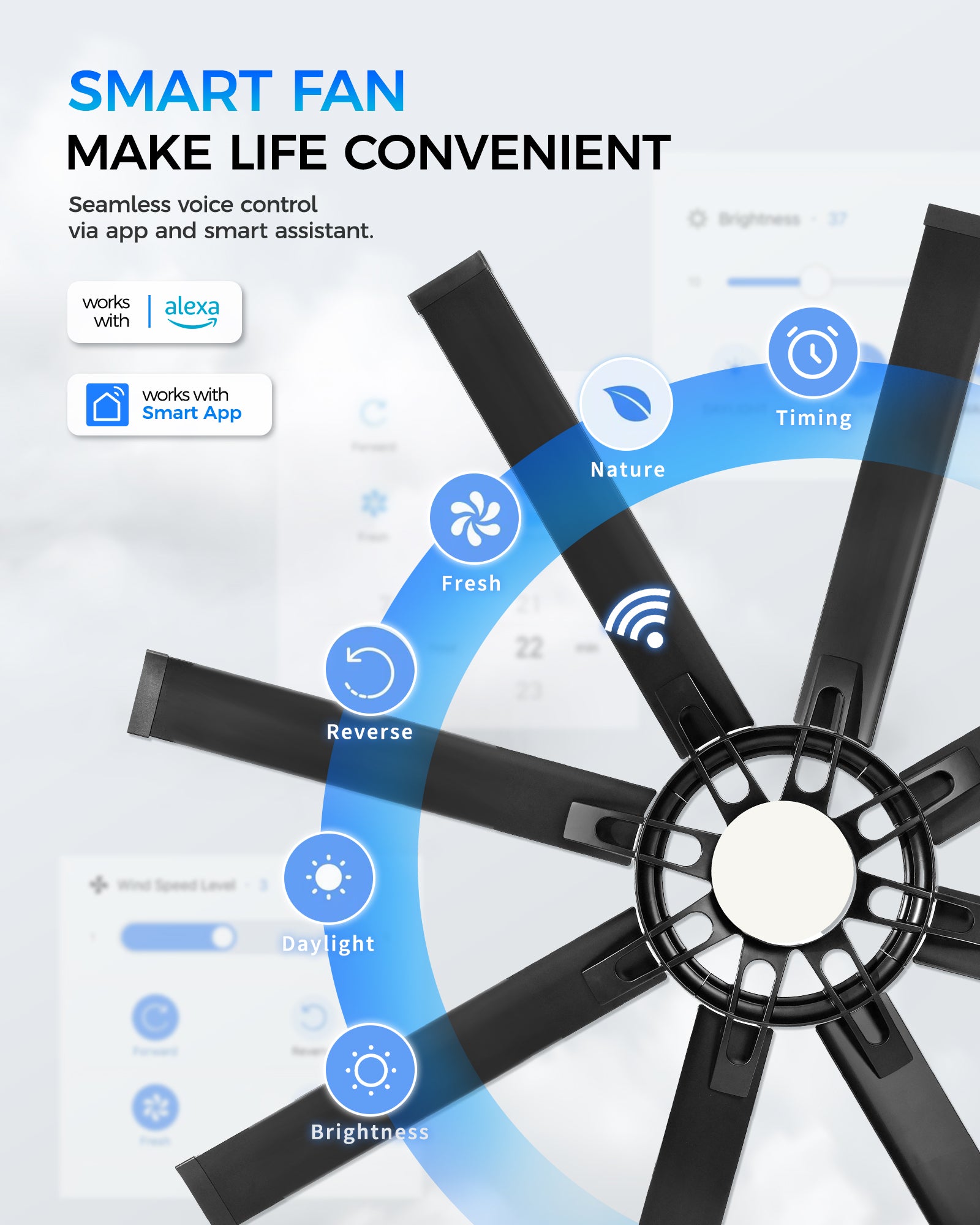 60" Smart Ceiling Fan with Light, Patented Hub Design, Aluminium Blade, Alexa App Control, Black