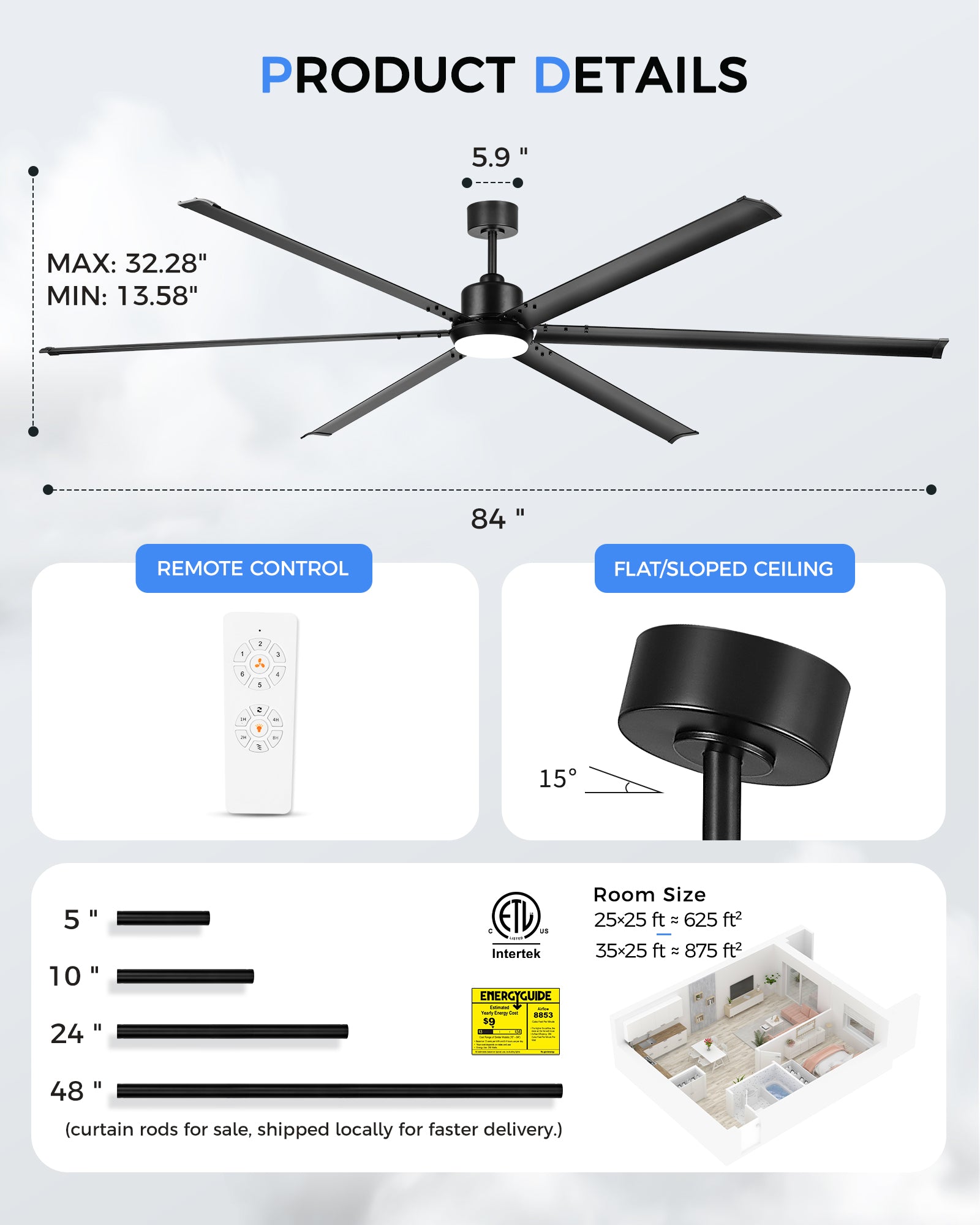 84" Industrial Ceiling Fan with Light, Aluminium Blades, Matte Black