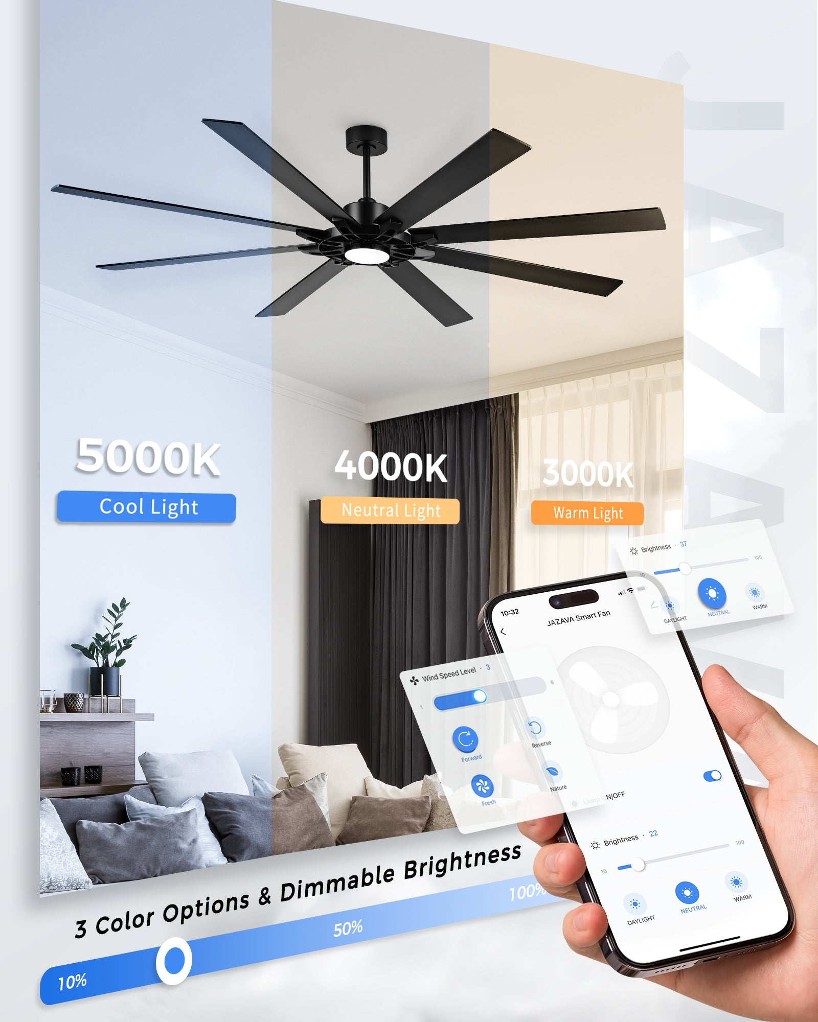 84" Smart Ceiling Fan with Light, Patented Hub Design, Plywood Blade, Alexa App Control, Black & Walnut