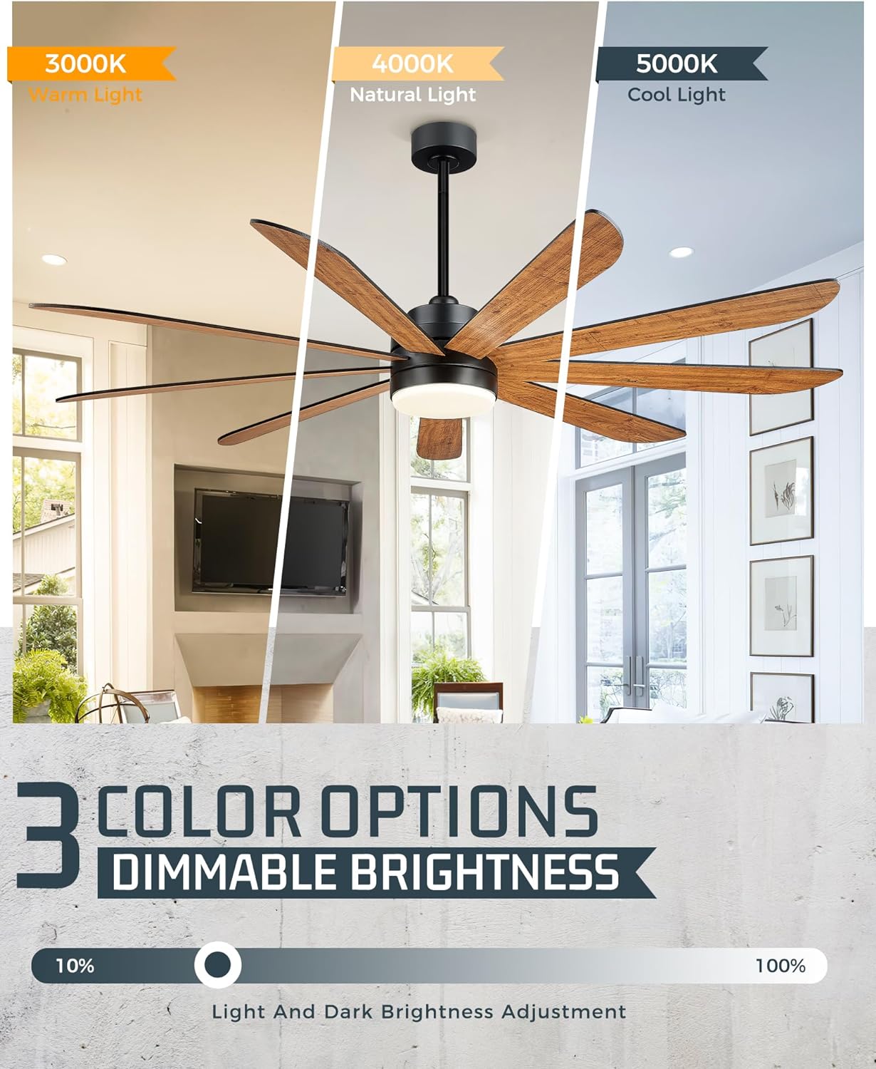 72 inch Large Ceiling Fans with Lights, Modern Ceiling Fan for Kitchen Living Room, 9 Blades Dual Nickel & White Walnut Ceiling Fan with Remote