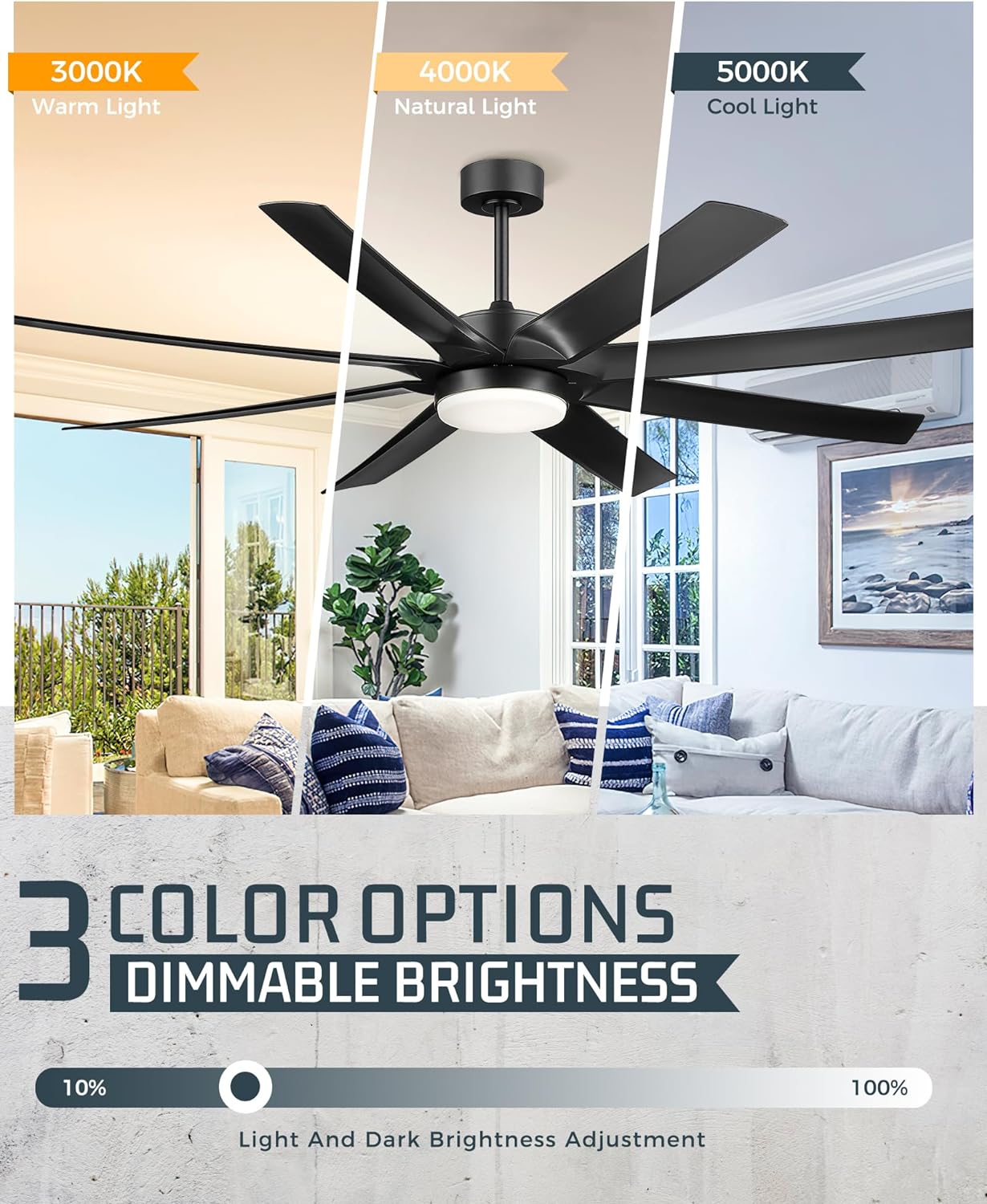 70 Inch Ceiling Fans with Lights, Smart Ceiling Fan with ALEXA and Google, Reversible DC Motor, 3CCT Dimmable Black Ceiling Fan for Patio