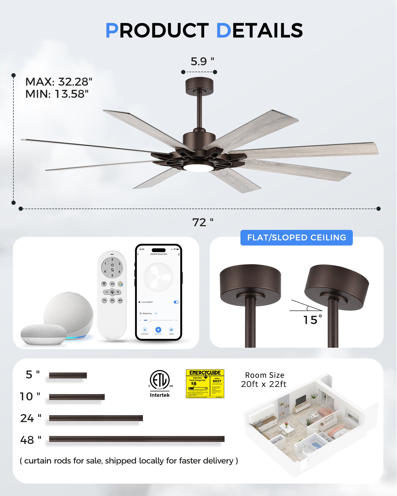72" Smart Ceiling Fan with Light, Patented Hub Design, Plywood Blade, Alexa App Control, Bronze & Wood
