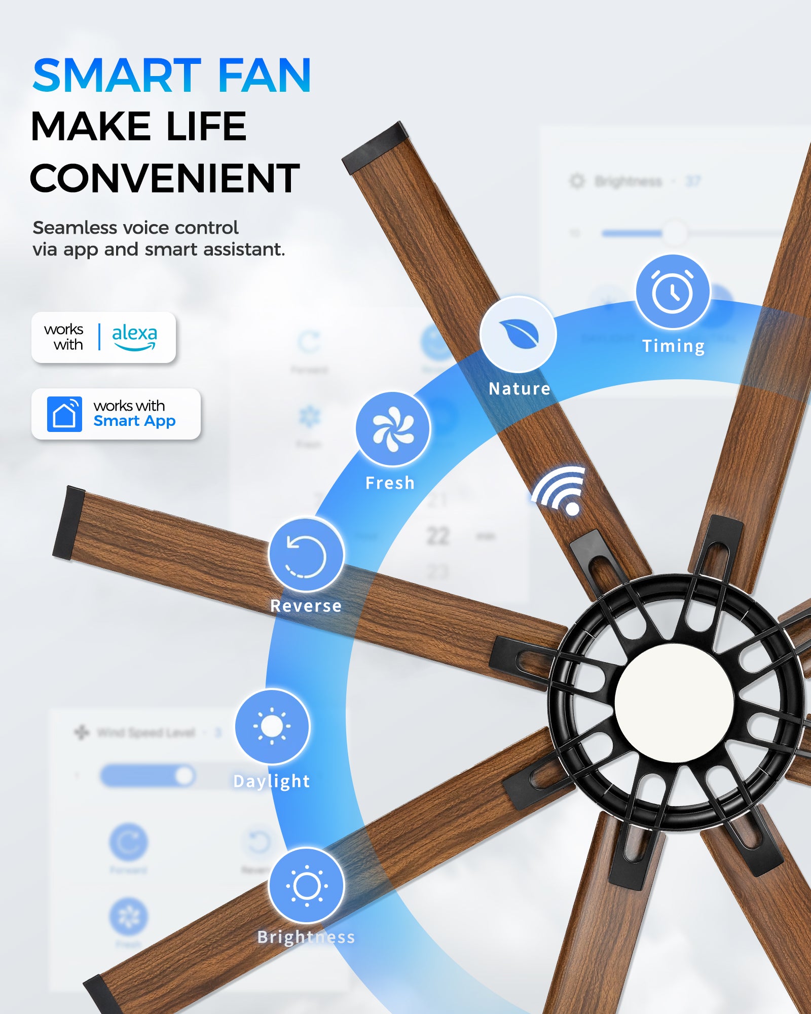 72" Smart Ceiling Fan with Light, Patented Hub Design, Aluminium Blade, Alexa App Control, Walnut